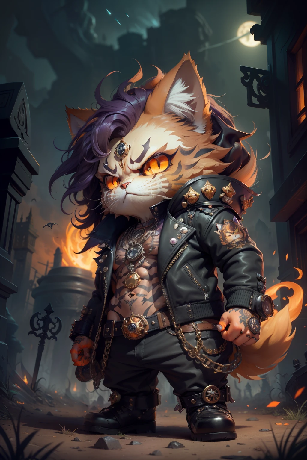 persian cat Anthropomorphic vampire , steampunk ,, , studded leather jacket with intricate ornamentation orange and purple , pirate steampunk theme,, , highest quality,, very angry face, body fitness, full body, long hair with braids , at night in the cemetery with fireflies