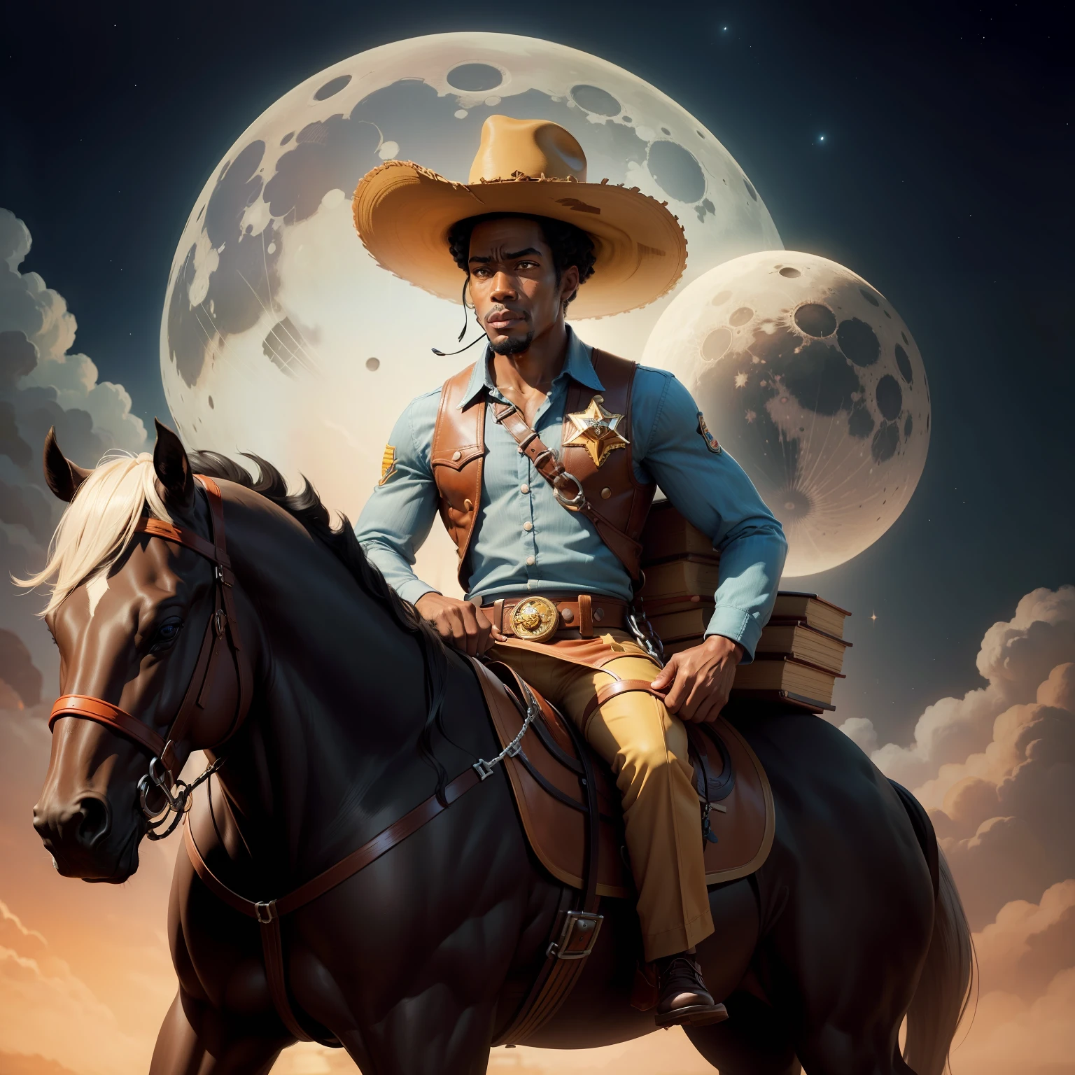 black man with sheriff toy woody, moon