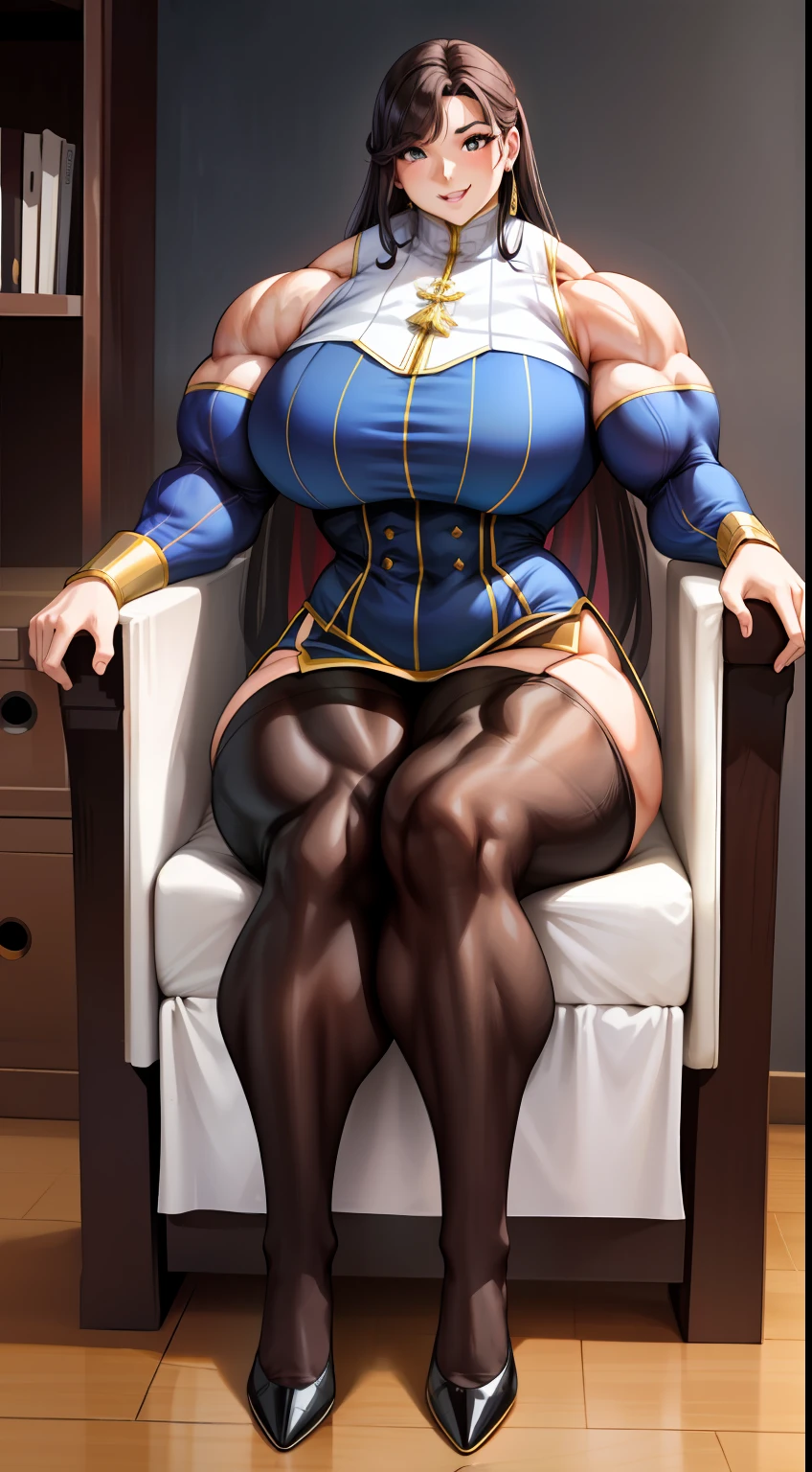 tmasterpiece,Best quality at best,Full body like,Burly woman,sit on chair,Exaggerated large muscles,blackstockings,Pointed-toe heels,Mature and charming face,Smile Expression, Single female,Thin waist,Very broad shoulders, Strong and powerful arms,Strong and powerful leg muscles,thick calf,long leges