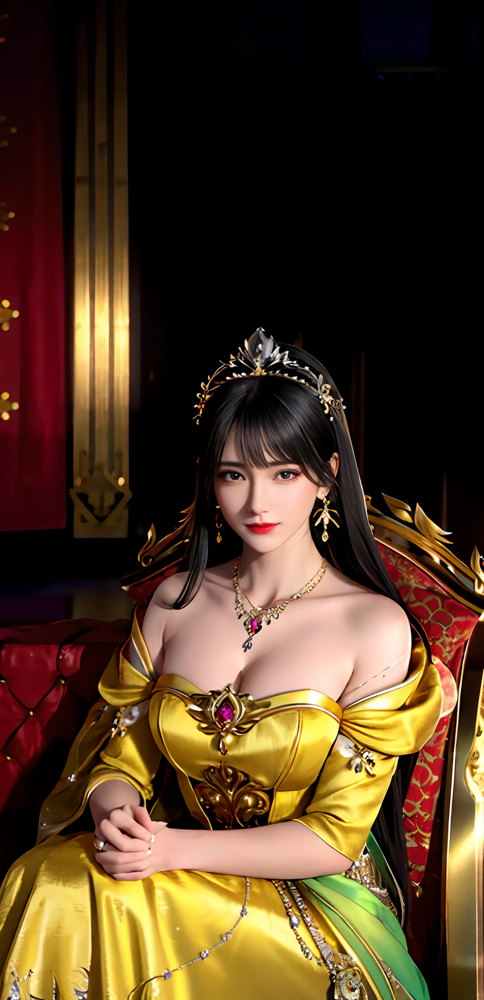 (realisticity: 1.2), ((best resolution: 8K UHD)), best quality, high quality,  masterpiece, highres,cg,
1 super detailed girl, super detailed queen

, sitting on a super detailed royal throne, lud, xurious royal palace background, beautiful and detailed, super detailed long hair, wearing a beautiful and luxurious crown with diamonds and super detailed,

super detailed dress, Super detailed dress sleeves, super detailed beautiful earrings, Beautiful and beautiful necklace full of super detailed diamonds,  
 solo, jewelry, super detailed red and yellow dress, pretty face, beautiful, and super detailed, 

, earrings, super detailed hairdo, splashing, the upper body is very super detailed, super detailed hair bun, super detailed black hair,
lighting,candid,Photograph,high resolution, 8k,Bokeh,