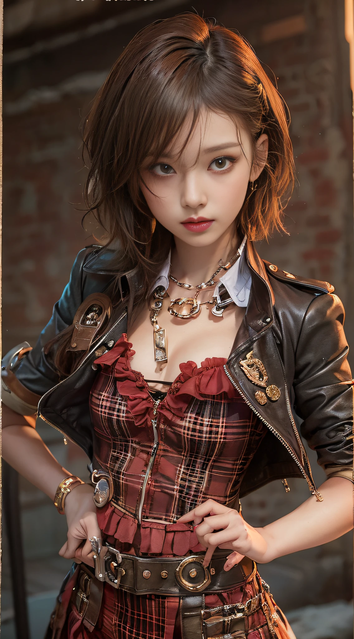 Cute Girl, Leather Costume, Knee shot, Exposure boom, Steampunk Pin-Up Girl, Steampunk girl on a garter belt, Steampunk beauty, Steampunk Goddess, Steampunk style location, Steampunk costumes,. Wearing a steampunk dress, closeup portrait shot, steampunk inventor girl, High-quality close-ups,
NSFW, 8k RAW photo, The highest image quality, masutepiece, ultra-quality, Film grain, Natural Skin Texture, realistic eyes and face details, Full lips, lip stick, (make up), Red Eye Shadow, short fluffy hair, hair messy, Smile, Full Mouth, nice legs, Tall Woman, (backgroung details), slim, Slim Nice Legs, One, cleavage, Cleavage legs, One, cleavage, Hip Look Pose, Very short skirt, hip, Shirt, Hip Look Pose, Skirt, hip, Shirt, (backgroung details), Burberry Plaid, plaid skirts, (((very small chest))), A shirt with a little cleavage, Blurred background explanation: Burberry, Pleated skirt, depth of fields