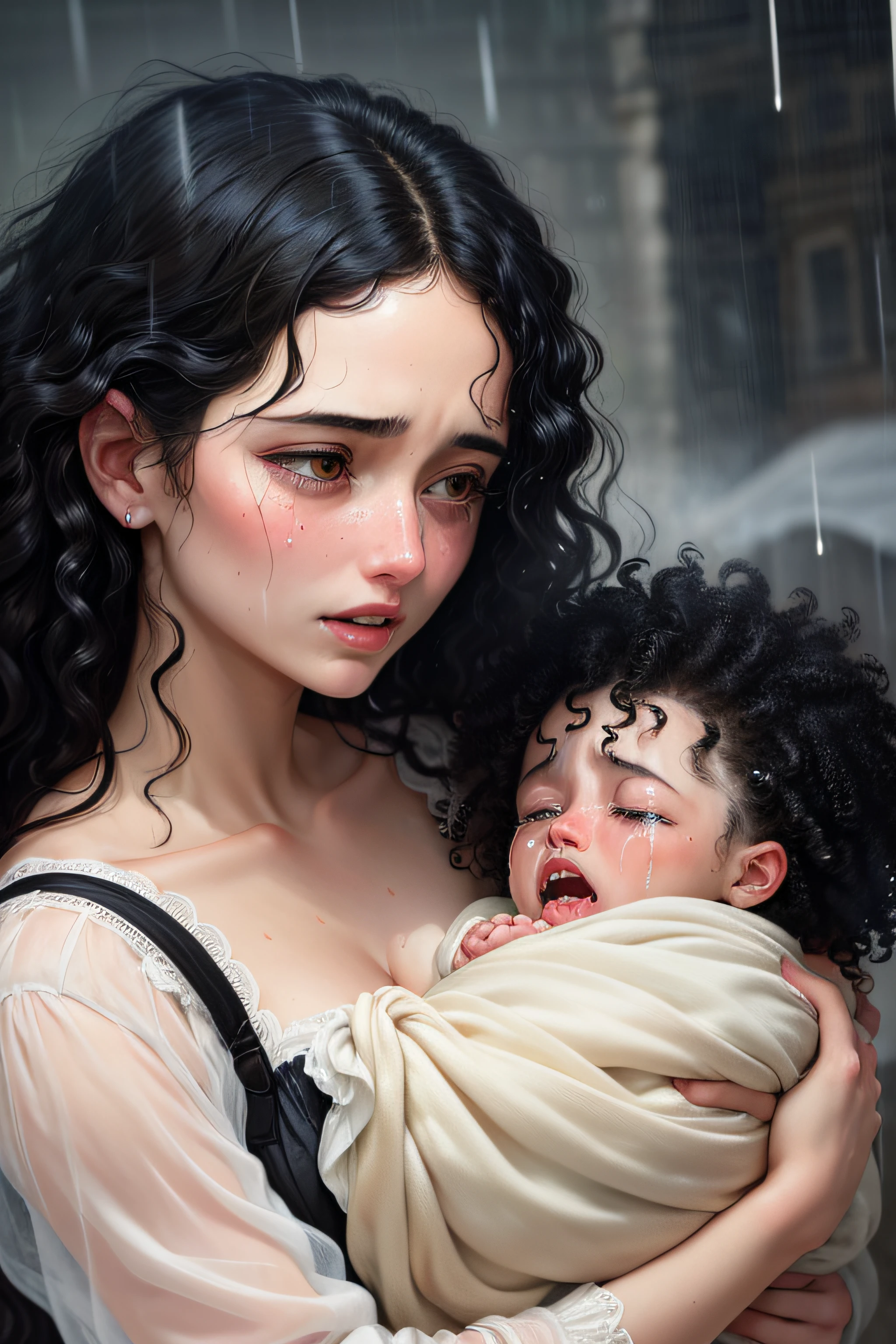 Close-up of a grief-stricken young white woman with black curly hair holding a crying newborn baby, black and white manga style, rain falling in background, 19th century London setting