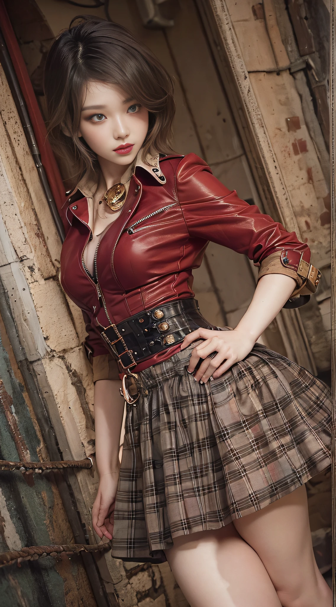 Cute Girl, Leather Costume, Knee shot, Exposure boom, Steampunk Pin-Up Girl, Steampunk girl on a garter belt, Steampunk beauty, Steampunk Goddess, Steampunk style location, Steampunk costumes,. Wearing a steampunk dress, closeup portrait shot, steampunk inventor girl, High-quality close-ups,
NSFW, 8k RAW photo, The highest image quality, masutepiece, ultra-quality, Film grain, Natural Skin Texture, realistic eyes and face details, Full lips, lip stick, (make up), Red Eye Shadow, short fluffy hair, hair messy, Smile, Full Mouth, nice legs, Tall Woman, (backgroung details), slim, Slim Nice Legs, One, cleavage, Cleavage legs, One, cleavage, Hip Look Pose, Very short skirt, hip, Shirt, Hip Look Pose, Skirt, hip, Shirt, (backgroung details), Burberry Plaid, plaid skirts, (((very small chest))), A shirt with a little cleavage, Blurred background explanation: Burberry, Pleated skirt, depth of fields