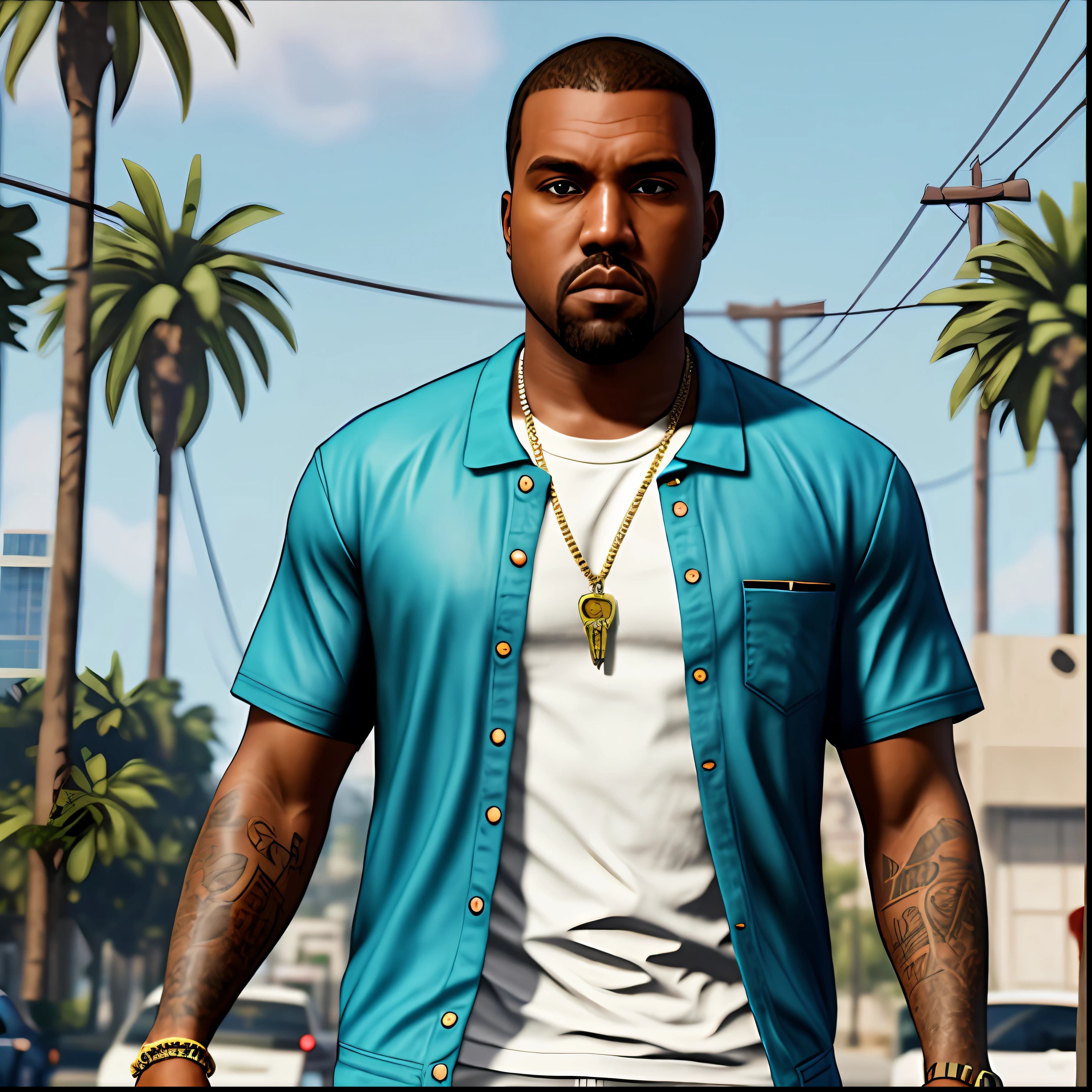 um close up de um homem de camisa azul parado em frente a um espelho, em gta vice city, gta vice estilo da cidade, drake em gta v, gta personagem, ele veste uma camisa azul, como um personagem de gtav, retrato africano Jesse Pinkman, Como o protagonista de GTA 5, GTA Vice City Remasterizado, Kanye West em GTA v