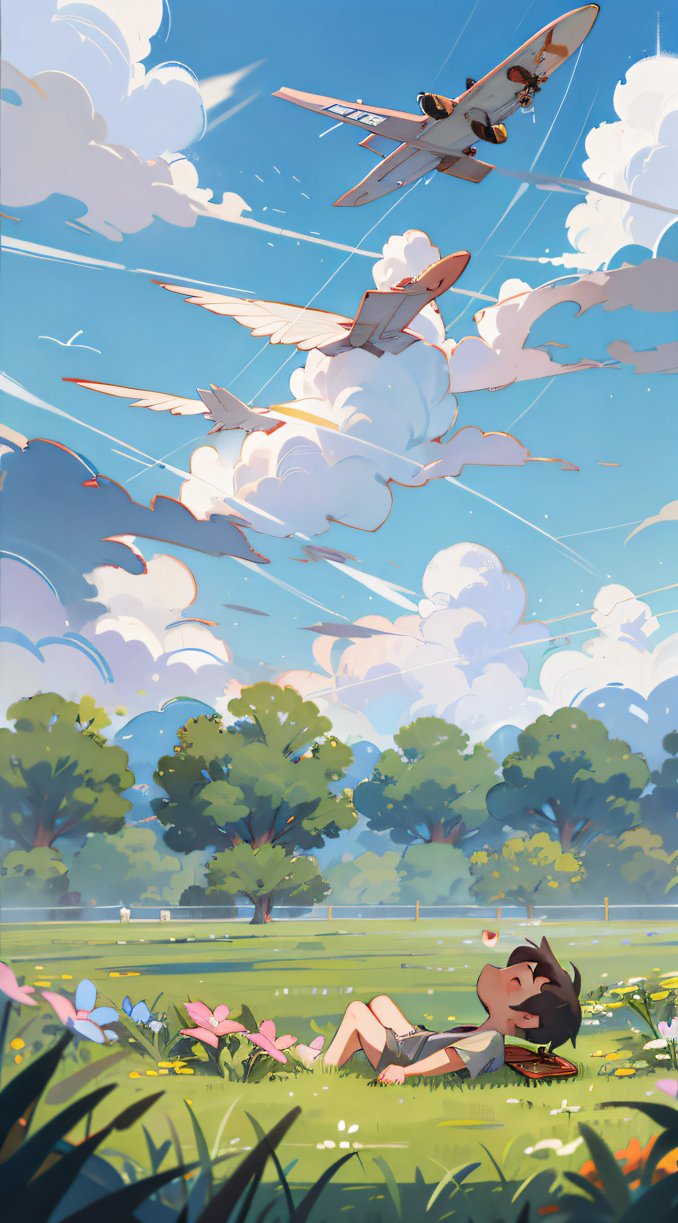 Summer, cool, a little boy is playing, happy, cheerful, sky, white clouds, roaring planes. This summer, it seems hotter than ever. The afternoon sun, scorching the earth, seemed to evaporate everything. The sound of cicadas, like a never-ending song, echoes in the air.

I sat under the tree, feeling the faint cool breeze, listening to the cicadas, and enjoying this rare quiet time. Although the weather is hot, at this moment, my heart is extremely calm.

Looking up, planes flew in the sky, leaving graceful arcs. They soar through the sky and move towards their goals, leaving people in awe.

At this moment, the sound of cicadas and the rumble of airplanes and the hot summer afternoon form a beautiful picture. Life may be full of hustle and bustle, but as long as we slow down, listen and feel, we will find that those beautiful moments are actually always around us.