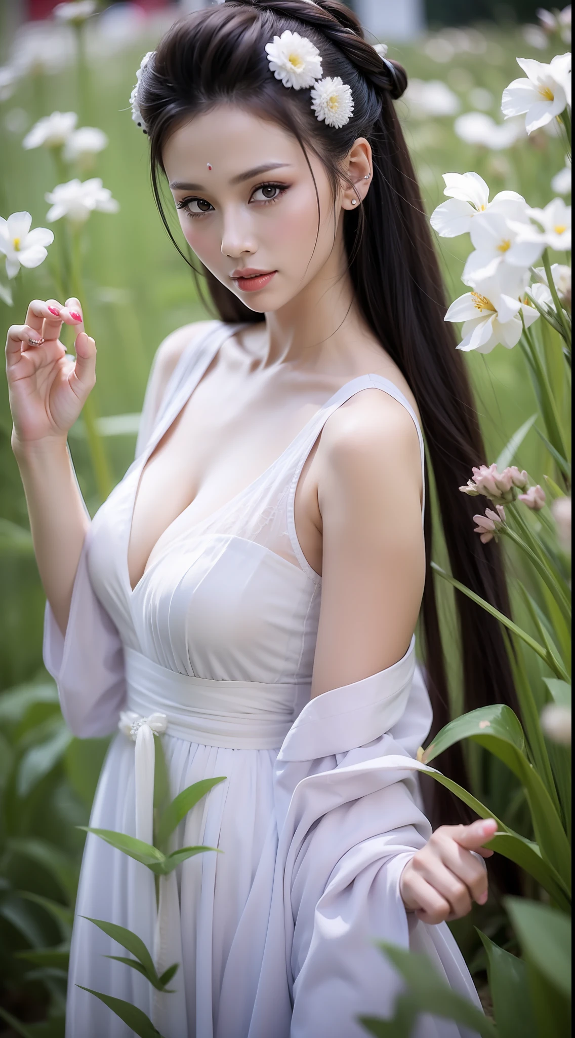 Fashion model  [[[[closeup cleavage]]]], [[[[boobgasm]]]], [[[[coll]]]], [[[[bshoulders]]]], perfect  eyes, Perfect iris，Perfect lips，perfect teeth，Perfect skin，Long face，slender nose，Soft front light，hdr，Movie girl，The background is grass and flowers，（pastel colour：1.2）