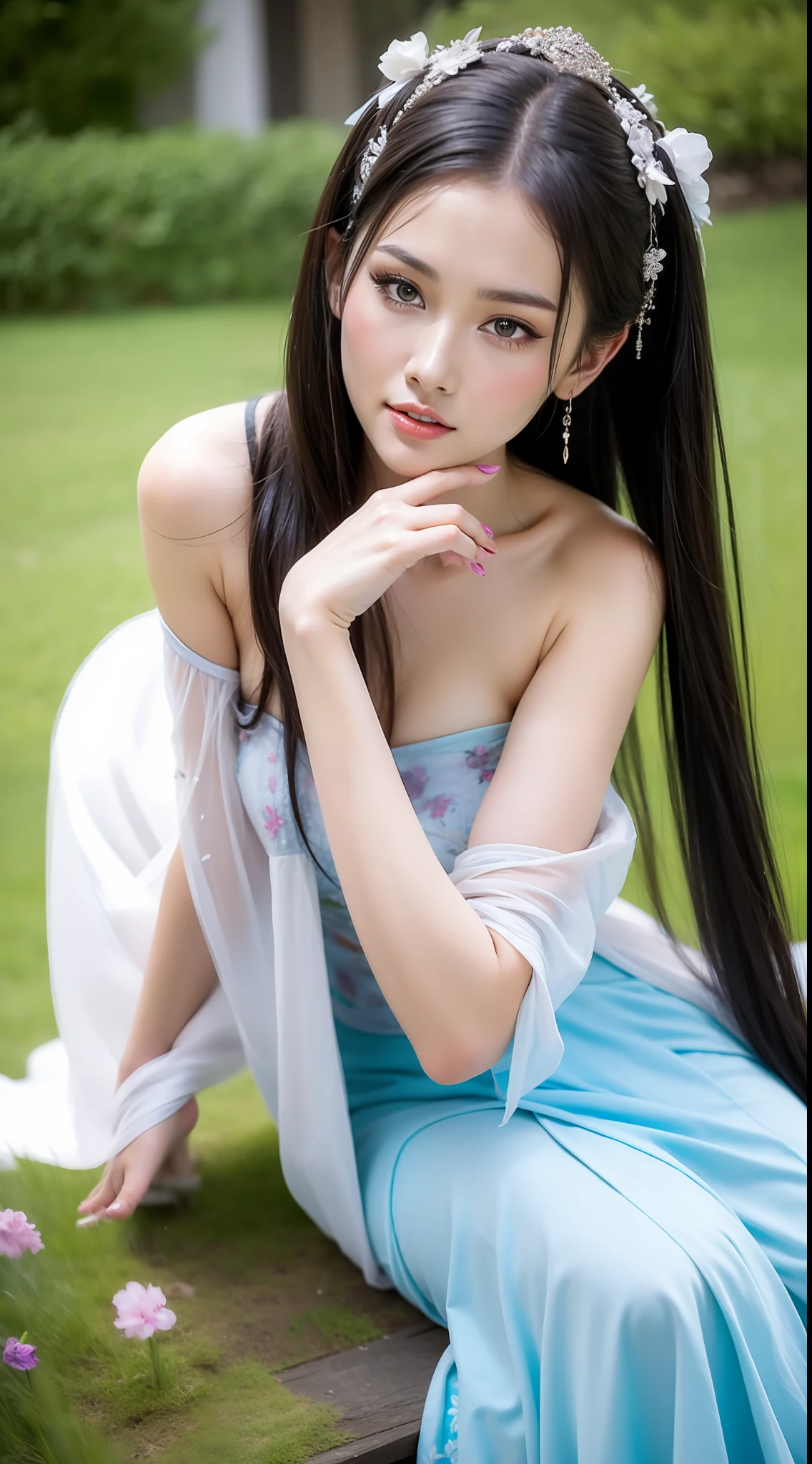Fashion model 14 years old [[[[closeup cleavage]]]], [[[[boobgasm]]]], [[[[coll]]]], [[[[bshoulders]]]], perfect  eyes, Perfect iris，Perfect lips，perfect teeth，Perfect skin，Long face，slender nose，Soft front light，hdr，Movie girl，The background is grass and flowers，（pastel colour：1.2）