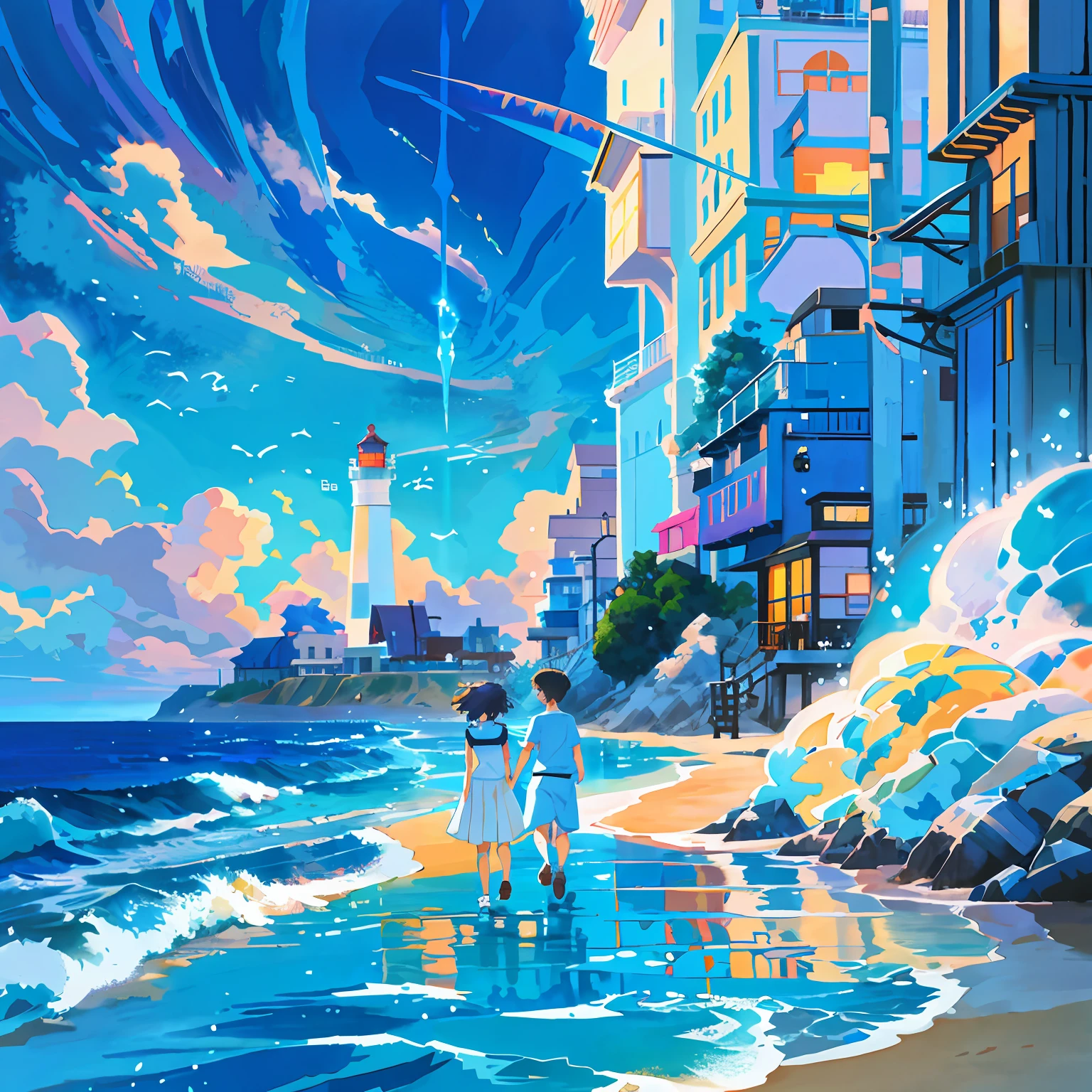 Anime painting of two people walking on the beach,In the background is a lighthouse, Makoto Shinkai Cyril Rolando, Makoto Shinkai's style, in the style of makoto shinkai, Blue sea. By Makoto Shinkai, inspired by Makoto Shinkai, ( ( Makoto Shinkai ) ), moebius and makoto shinkai