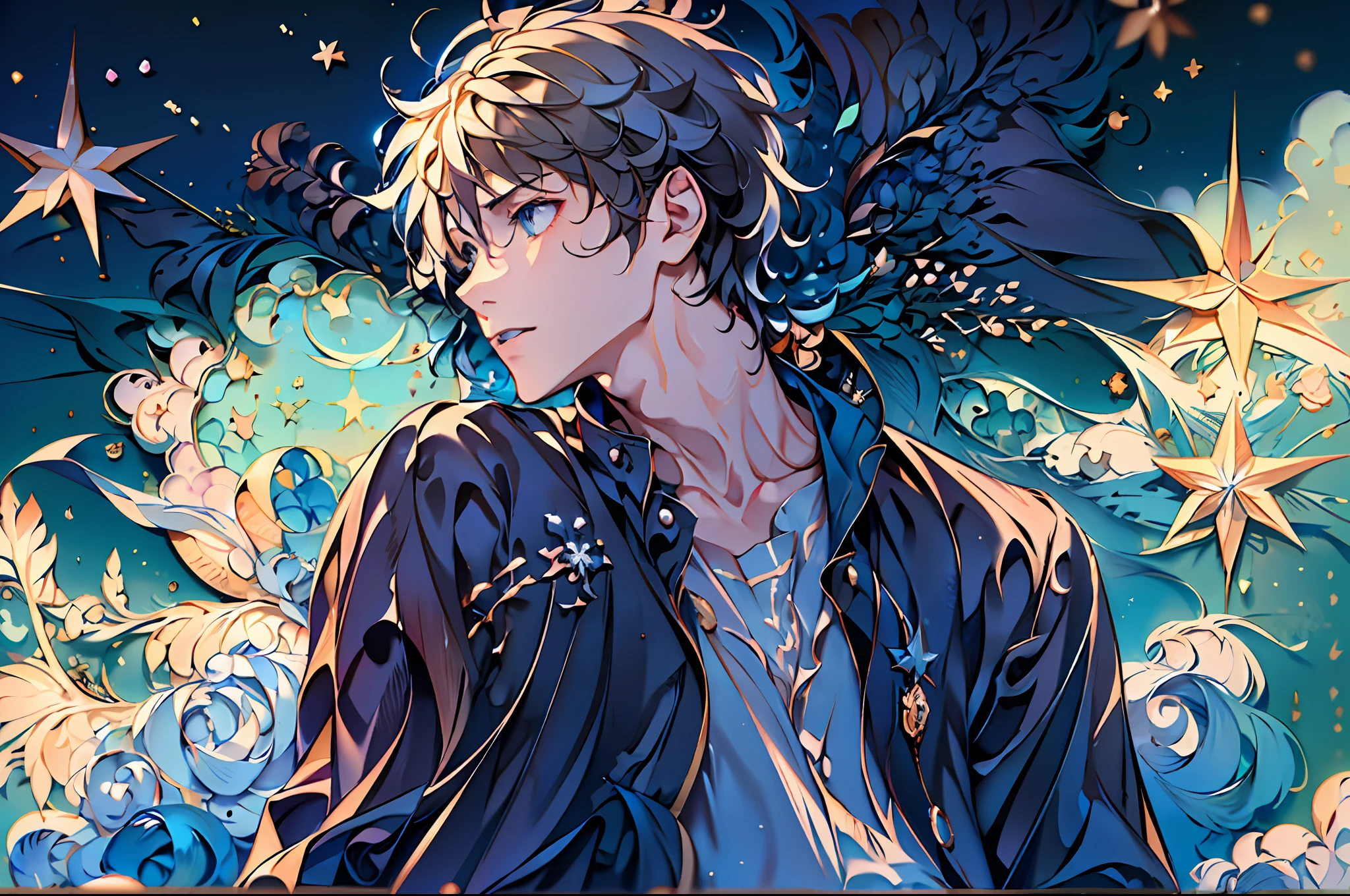 (((masterpiece))),best quality, illustration, sky, cloud, star \(symbol\),1man, handsome man, short hair, night, moon, star \(sky\), night sky, starry sky, vibrant color scheme, Soft light,(warm color:1.2),Water color painting, light background, best quality exquisite details,3d rendering,Octane render, paper_cut
