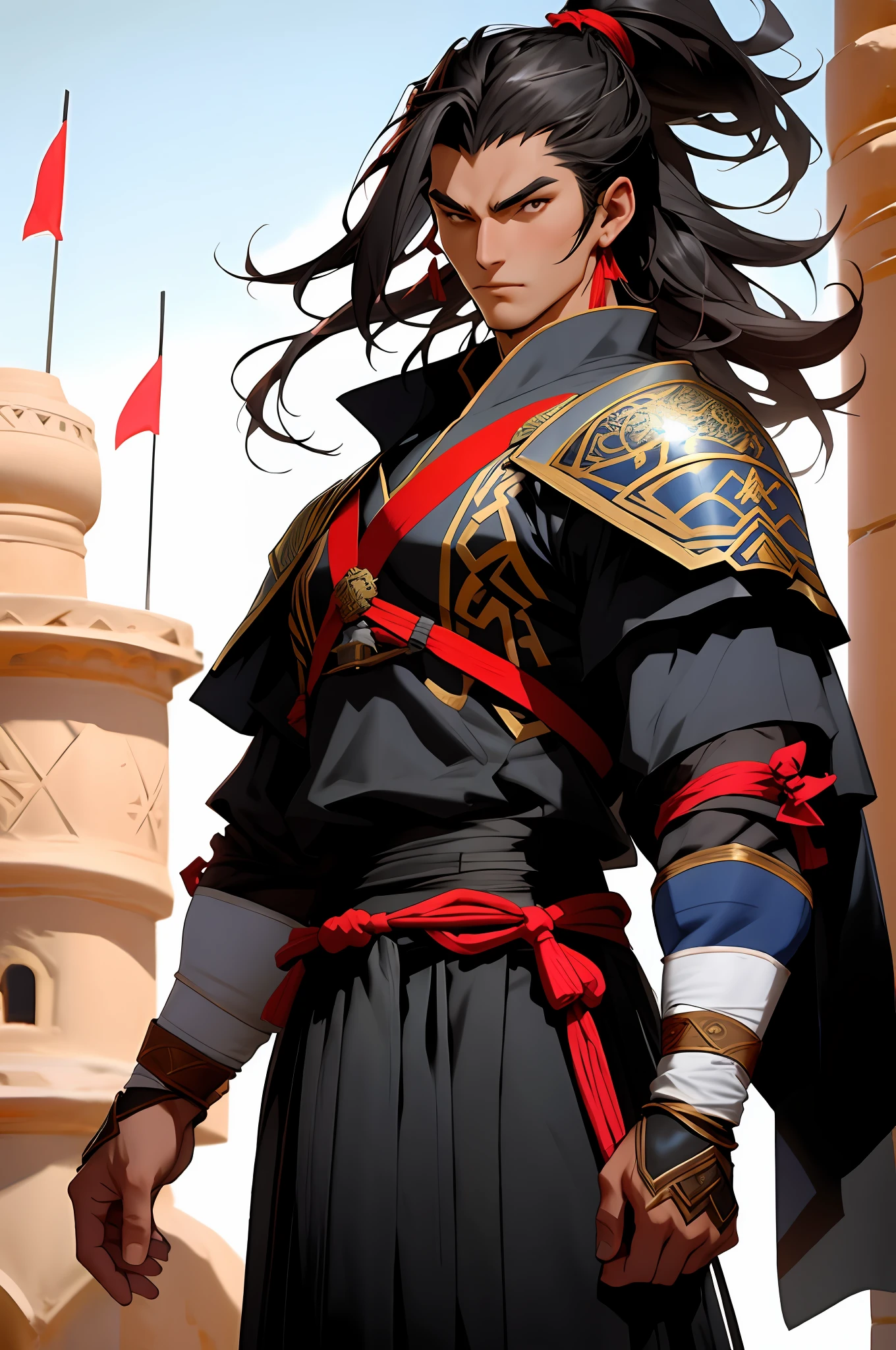 Muscular handsome great Legendary warrior medieval moroccan samurai full body outfit
