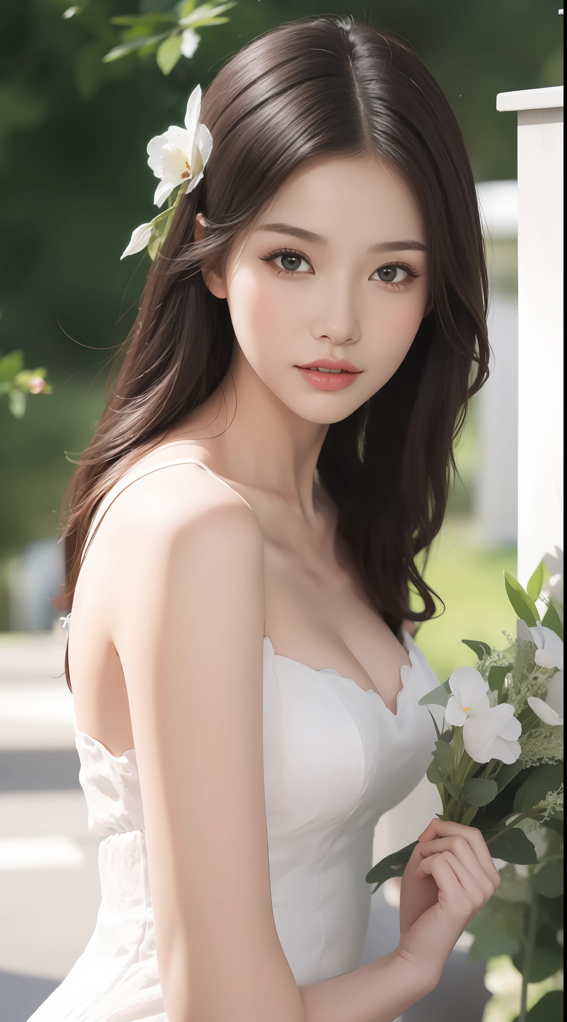 Fashion model 18 years old [[[[closeup cleavage]]]], [[[[boobgasm]]]], [[[[coll]]]], [[[[bshoulders]]]], perfect  eyes, Perfect iris，Perfect lips，perfect teeth，Perfect skin，Long face，slender nose，with fair skin，Soft front light，hdr，Movie girl，Casual，long whitr hair，Long hair with a shawl，The background is outdoors，Green trees and flowers（pastel colour：1.2）