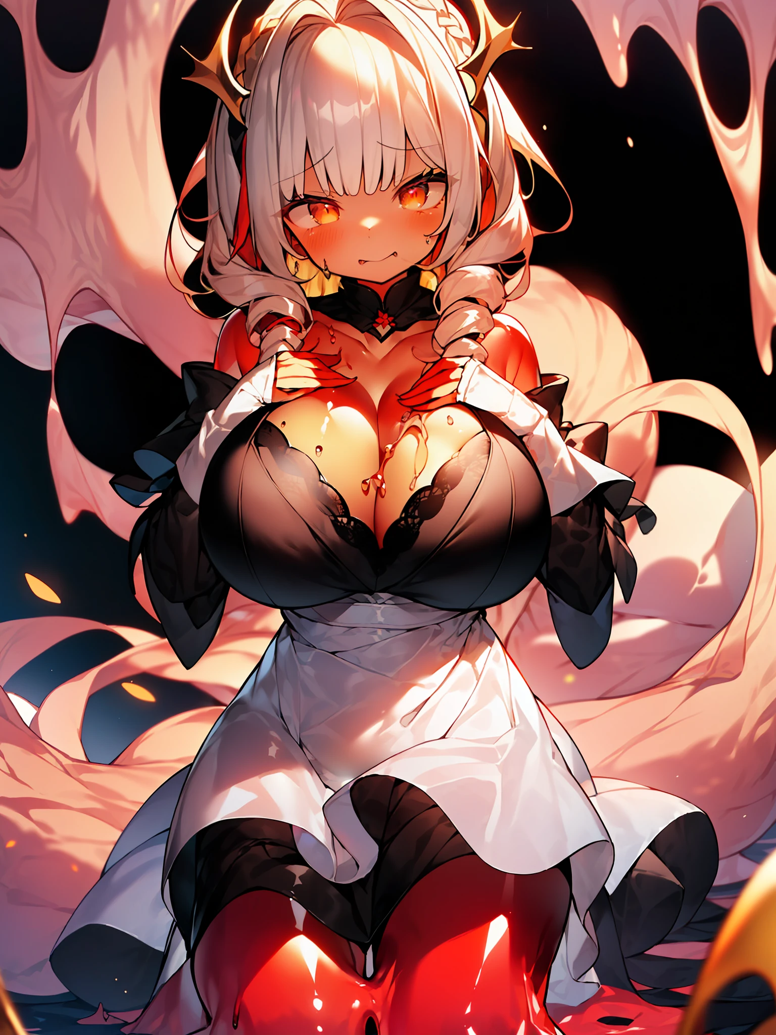 (Golden ratio:1.2),[(with black background:1.4)::10],(Masterpiece), (Best quality), (Ultra detailed),(Disheveled hair),(illustration),(细腻细致), (Intricate details), (Cinematic light, 最优质的背光), 清晰的线条, 独奏，perfect bodies，(1girll:1.3),SWAV,Solo,full bodyesbian,Slime girl,(Transparent red skin:1.4),（Exaggerated body proportions）,（Nine-headed body）,orange eyes,(Long dark red hair,slanted bangs,Wavy curl side ponytail hairstyle,Braid lateral hair),((gigantic cleavage breasts,(Heavy breasts:1.2)+(long breasts:1.3)+(Crazy swollen breasts:1.4),(Breasts are larger than the torso:1.3)),(White off-the-shoulder sleeve ruffled dress，Chrome red lace:1.3),(Stand on a pile of lava bubbling rock:1.2)+[(Inception:1.2)],hyper HD, retinas, Anatomically correct, Textured skin, Super detail, Best quality,
