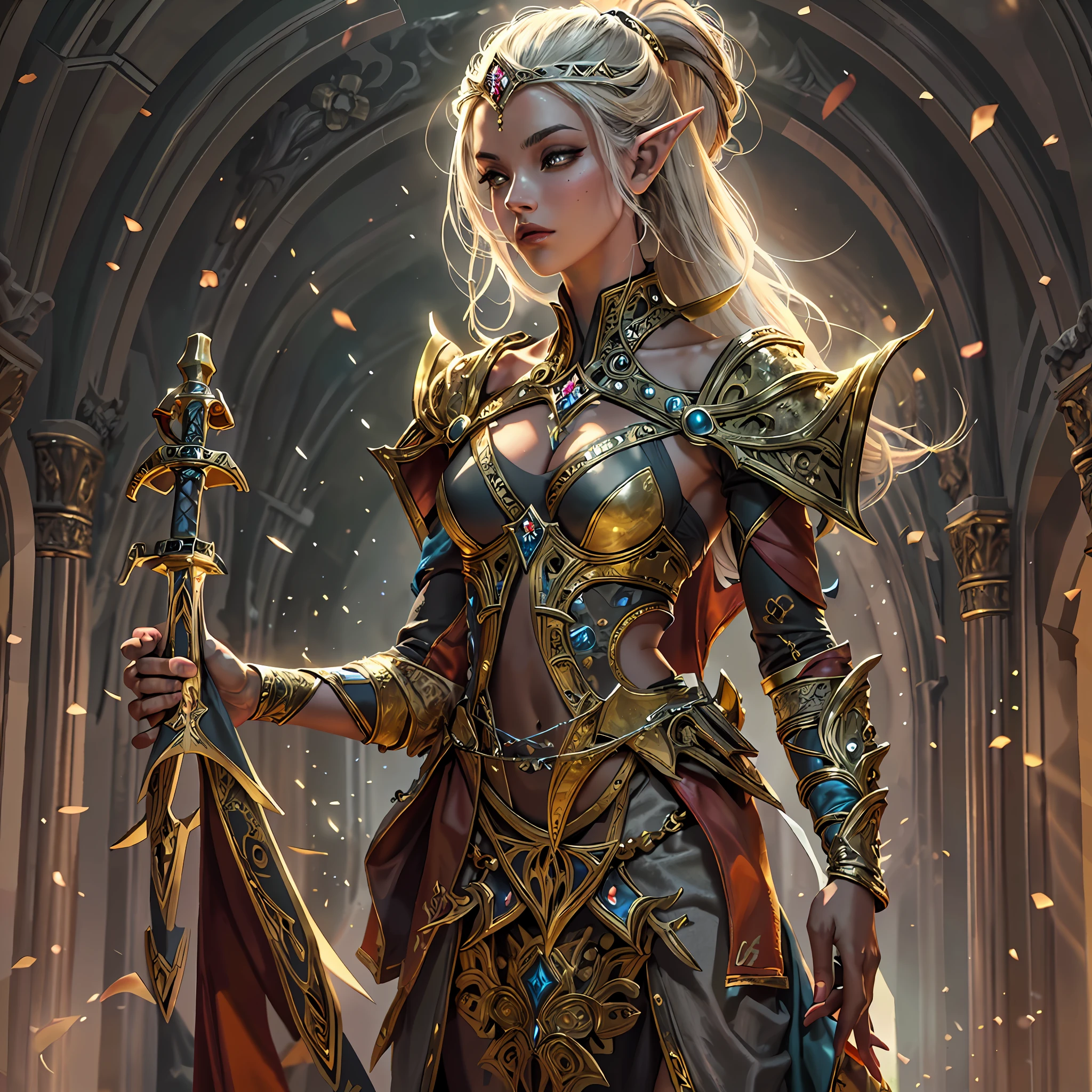 high details, best quality, 8k, [ultra detailed], masterpiece, best quality, (extremely detailed), full body, ultra wide shot, photorealistic, fantasy art, dnd art, rpg art, realistic art, a wide angle picture of an epic female elf, arcane warrior, warrior of magic, fighter of the arcana, full body, [[anatomically correct]] full body (intricate details, Masterpiece, best quality: 1.5) casting a spell (intricate details, Masterpiece, best quality: 1.5), casting an epic spell, [colorful magical sigils in the air],[ colorful arcane markings floating] (intricate details, Masterpiece, best quality: 1.5), holding an [epic magical sword] (1.5 intricate details, Masterpiece, best quality (intricate details, Masterpiece, best quality: 1.5) holding epic [magical sword glowing in red light(intricate details, Masterpiece, best quality: 1.5). in fantasy urban street),(intricate details, Masterpiece, best quality: 1.5), a female beautiful epic elf wearing elven leather armor(intricate details, Masterpiece, best quality: 1.5), high heeled leather boots, ultra detailed face,  thick hair, long hair, dynamic hair, fair skin intense eyes, fantasy city background (intense details), sun light, backlight, depth of field (1.4 intricate details, Masterpiece, best quality), full body, (intricate details, Masterpiece, best quality: 1.5), high details, best quality, highres, ultra wide angle