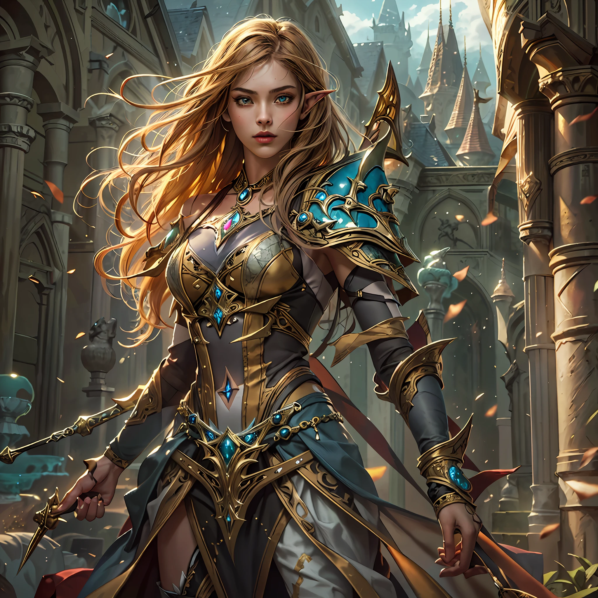 high details, best quality, 8k, [ultra detailed], masterpiece, best quality, (extremely detailed), full body, ultra wide shot, photorealistic, fantasy art, dnd art, rpg art, realistic art, a wide angle picture of an epic female elf, arcane warrior, warrior of magic, fighter of the arcana, full body, [[anatomically correct]] full body (intricate details, Masterpiece, best quality: 1.5) casting a spell (intricate details, Masterpiece, best quality: 1.5), casting an epic spell, [colorful magical sigils in the air],[ colorful arcane markings floating] (intricate details, Masterpiece, best quality: 1.5), holding an [epic magical sword] (1.5 intricate details, Masterpiece, best quality (intricate details, Masterpiece, best quality: 1.5) holding epic [magical sword glowing in red light(intricate details, Masterpiece, best quality: 1.5). in fantasy urban street),(intricate details, Masterpiece, best quality: 1.5), a female beautiful epic elf wearing elven leather armor(intricate details, Masterpiece, best quality: 1.5), high heeled leather boots, ultra detailed face,  thick hair, long hair, dynamic hair, fair skin intense eyes, fantasy city background (intense details), sun light, backlight, depth of field (1.4 intricate details, Masterpiece, best quality), full body, (intricate details, Masterpiece, best quality: 1.5), high details, best quality, highres, ultra wide angle