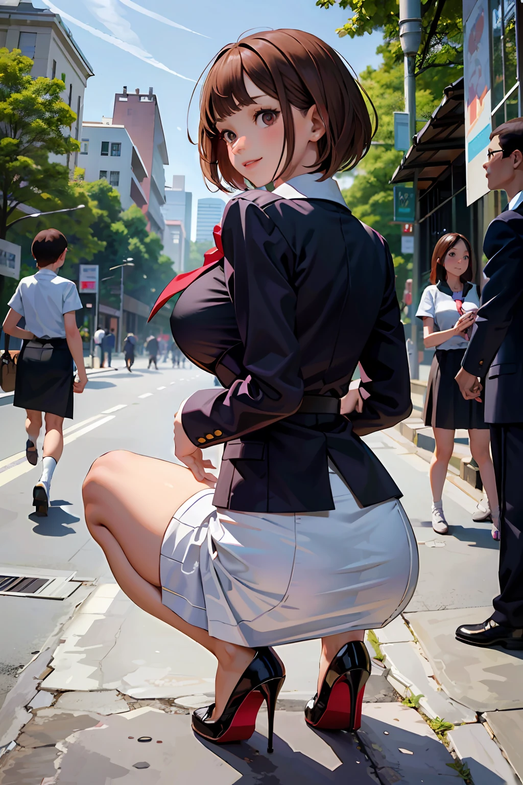 Pubic area is clear，A high resolution，A 4K masterpiece，Best quality at best，1girll，Young girls，with brown eye，short detailed hair，joyful smile，shiny skins，（nice leg line：1.3），Big breasts Thin waist，Huge breasts
break
school uniform，tiese，（pencil skirts）），high heels
BREAK
park，crowd of，depth of fields，looking at viewert，squatt，from back，The upper part of the body，Legs up，A high resolution