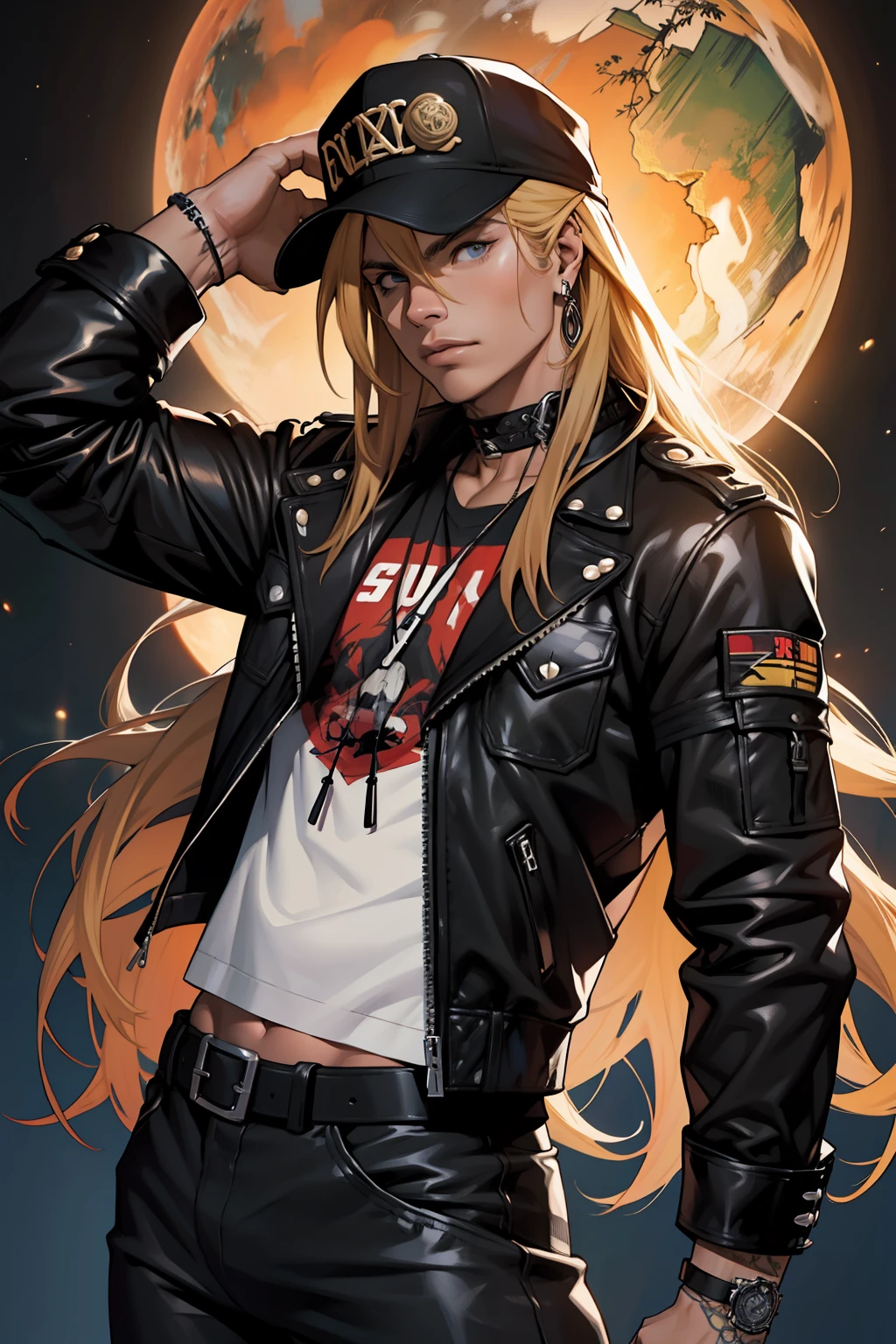 1 solo Axl Rose, roupa terno preto, cabelo blond, fundo planeta terra, montanhas, de noite, raios por todos os lados