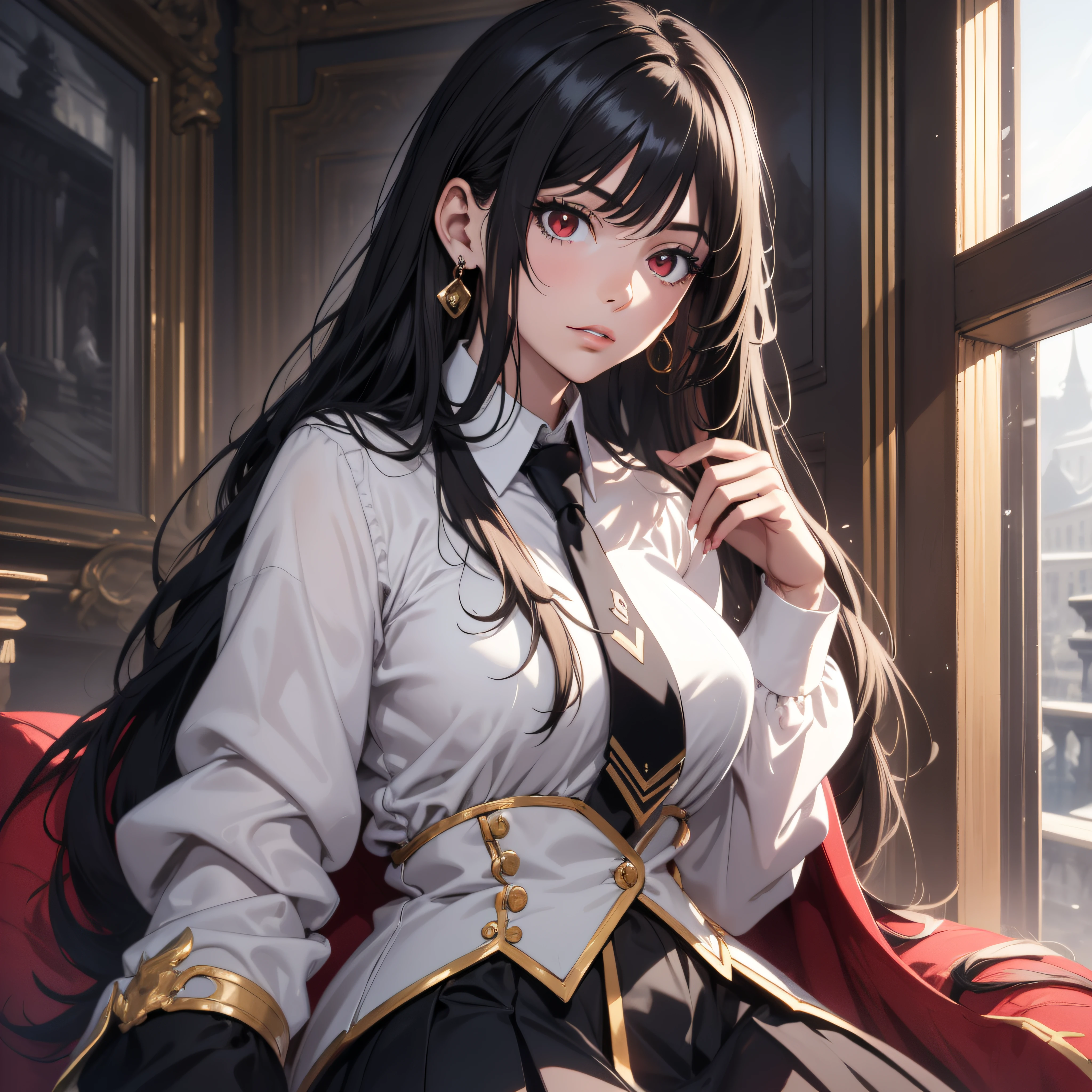 (best quality, masterpiece, ultra-detailed, extremely detailed, highres), (1girl, single, solo), 18 years old Anime girl, black hair, long raven hair, slightly wavy hair, parted bangs, Magus, red eyes, diamond earrings, long black coat, necktie, white shirt, black skirt, aristocrat, noble attire, beautiful, ethereal, elegant, prestigious, classic, royal building, natural lips, magic school