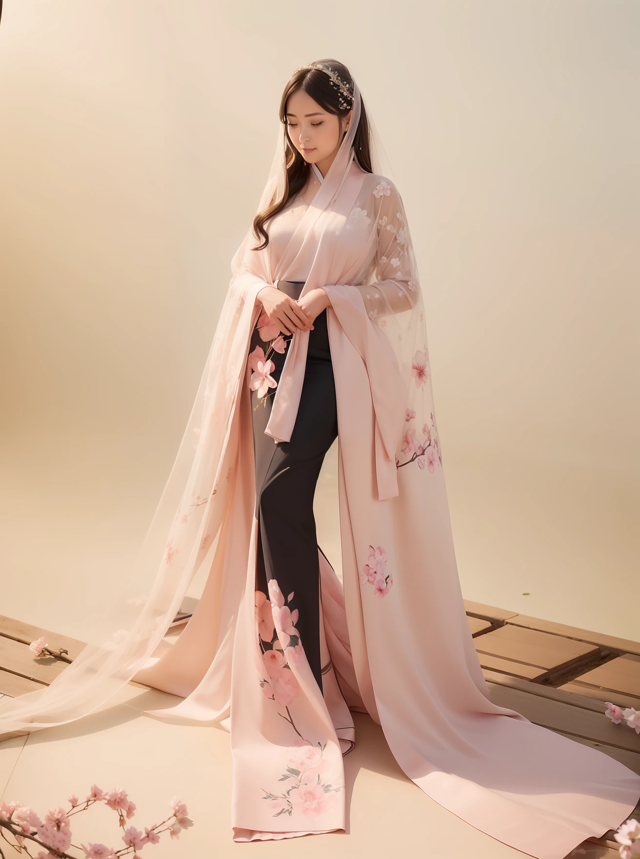 best quality, ultra high res, (photorealistic:1.8), 1girl, blue_sky, blurry, blurry_background, blurry_foreground, branch, bridal_veil, bride, cherry_blossoms, chinese_clothes, curtain_grab, curtains, day, depth_of_field, flower, hanami, hanfu, lips, long_hair, outdoors, parted_lips, petals, pink_flower, pink_theme, plum_blossoms, shawl, solo, solo_focus, spring_\(season\), tree, upper_body, veil, wedding, wedding_dress, wisteria,side face,chin down
