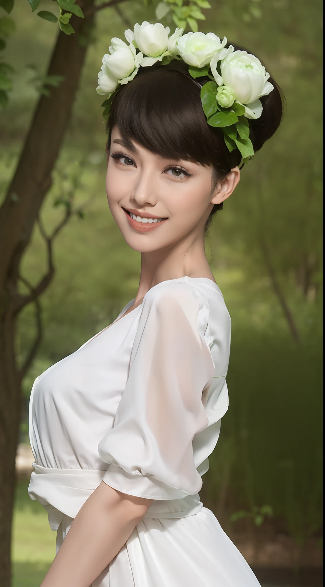 Fashion model 20 years old [[[[closeup cleavage]]]], [[[[boobgasm]]]], [[[[coll]]]], [[[[bshoulders]]]], perfect  eyes, Perfect iris，Perfect lips，perfect teeth，Perfect skin，Long face，slender nose，with fair skin，Soft front light，hdr，Movie girl，white  clothes，Casual，The background is outdoor，green trees，fresh flowers，Tano，grassy fields，（pastel colour：1.2）