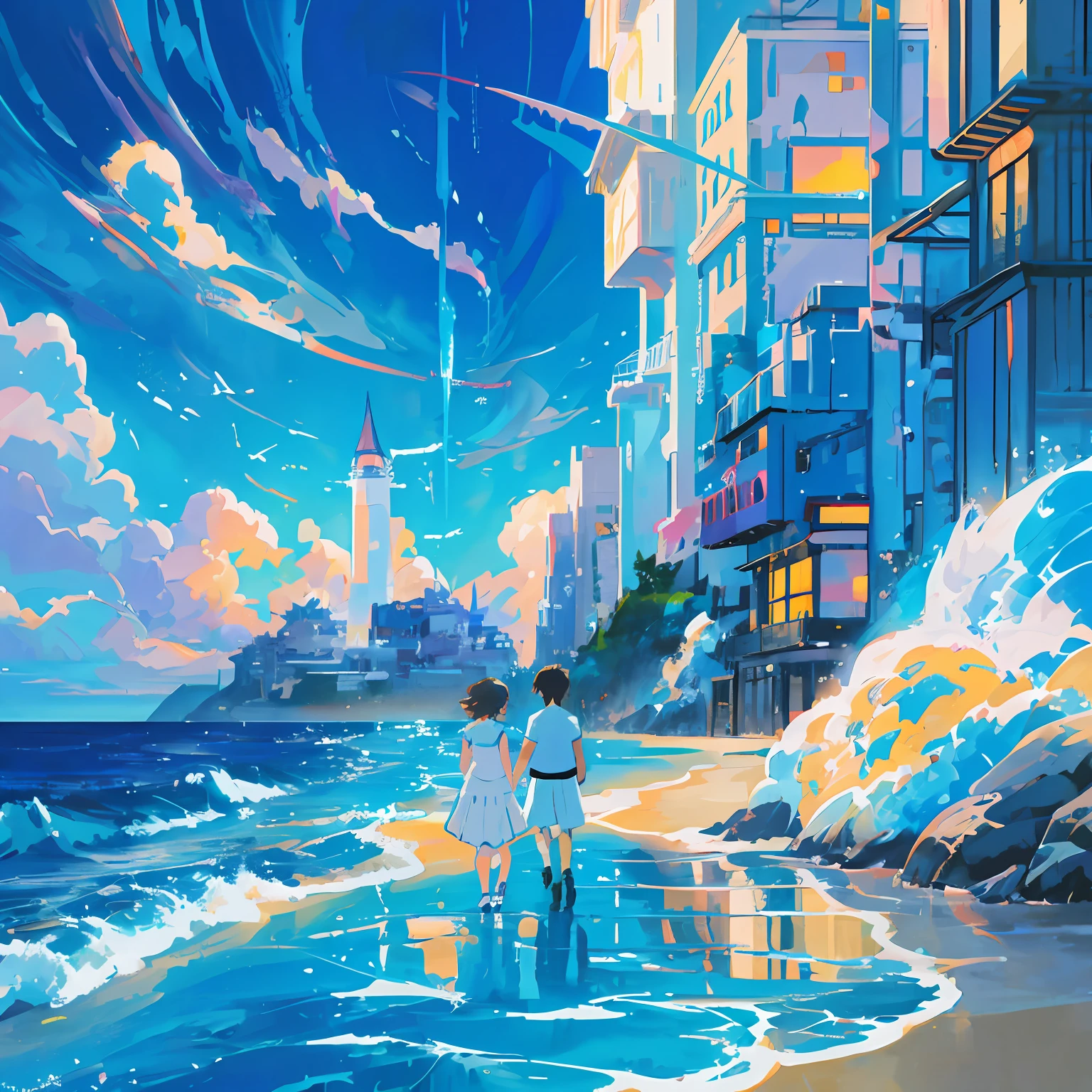 Anime - a painting in the style of a couple walking on the beach, Makoto Shinkai Cyril Rolando, cyril rolando and goro fujita, Anime art wallpaper 4 K, Anime art wallpaper 4k, in the style of makoto shinkai, Inspired by Cyril Rolando, inspired by Makoto Shinkai, A beautiful artwork illustration, Makoto Shinkai!