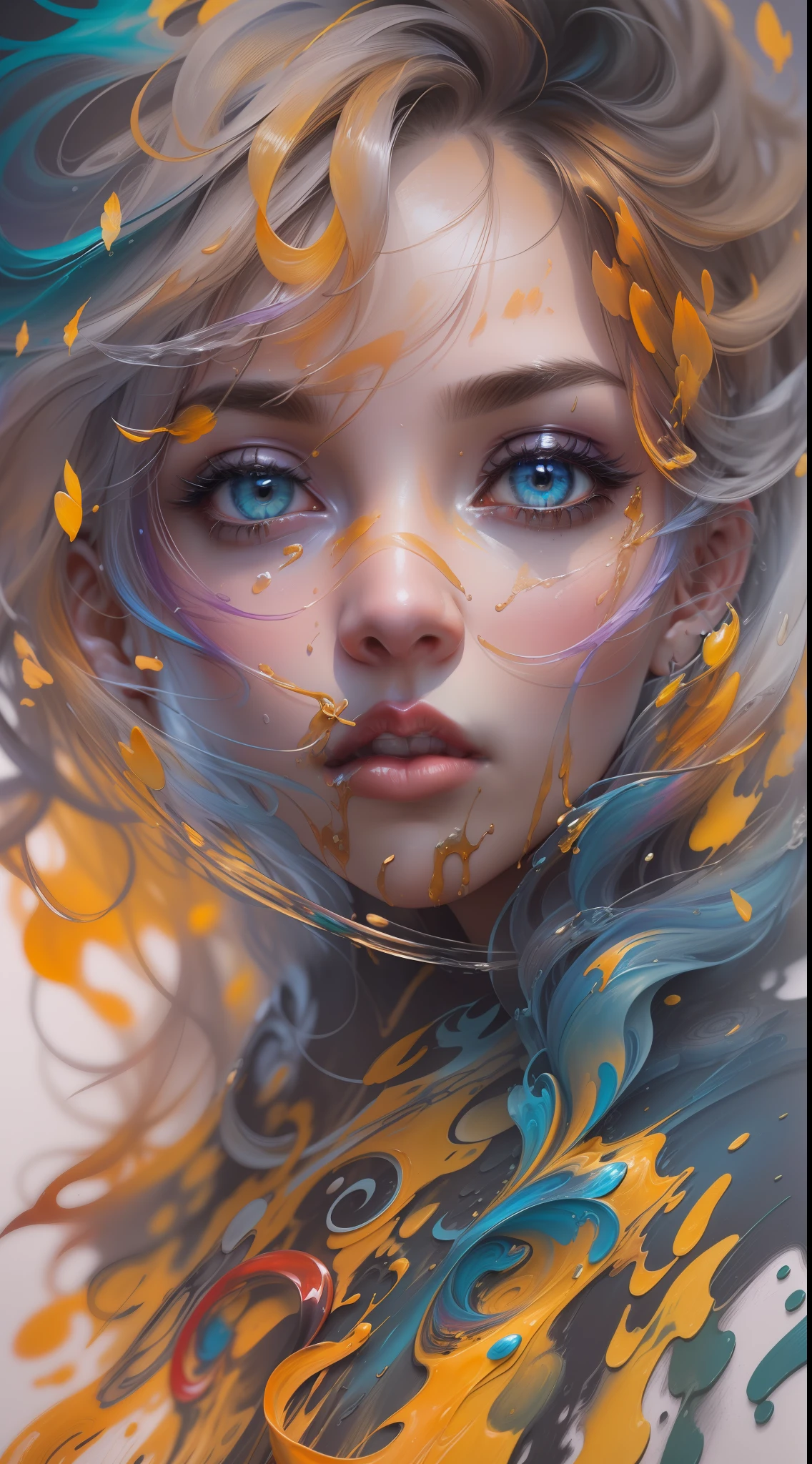 Colorful beautiful woman: a woman 18-years old, messy hair, oil painting, nice perfect face with soft skinice perfect face, blue yellow colors, light purple and violet additions, light red additions, intricate detail, splash screen, 8k resolution, masterpiece, cute face,artstation digital painting smooth veryBlack ink flow: 8k resolution photorealistic masterpiece: intricately detailed fluid gouache painting: by Jean Baptiste Mongue: calligraphy: acrylic: watercolor art, professional photography, natural lighting, volumetric lighting maximalist photoillustration: by marton bobzert:, complex, elegant, expansive, fantastical