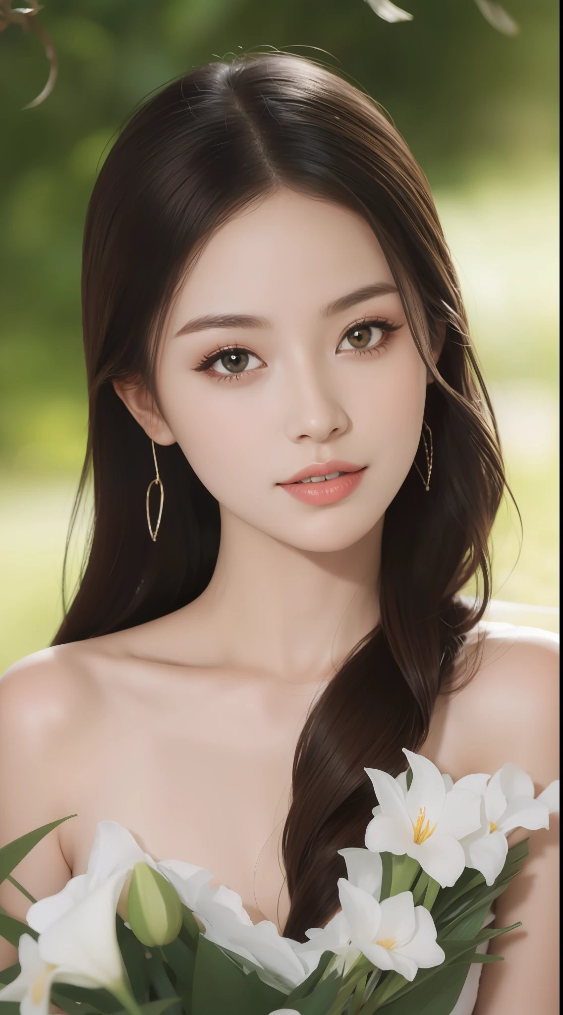 Fashion model 18 years old [[[[closeup cleavage]]]], [[[[boobgasm]]]], [[[[coll]]]], [[[[bshoulders]]]], perfect  eyes, Perfect iris，Perfect lips，perfect teeth，Perfect skin，Long face，slender nose，with fair skin，Soft front light，hdr，Movie girl，Casual，long whitr hair，Long hair with a shawl，The background is outdoors，Green trees and flowers（pastel colour：1.2）