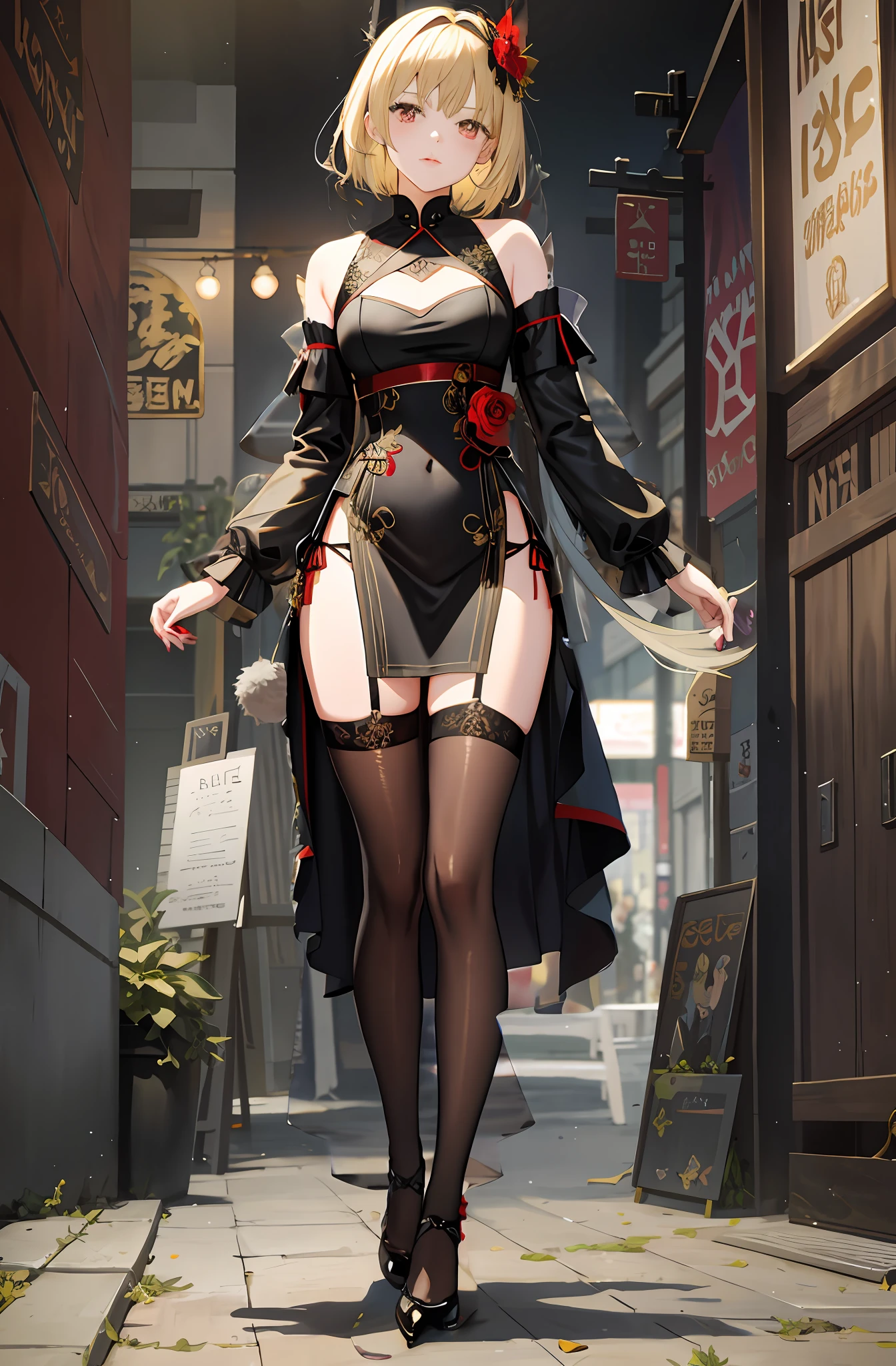 Short blonde hair, black chinoiserie tights, loli girl, red pupils, metal head flower