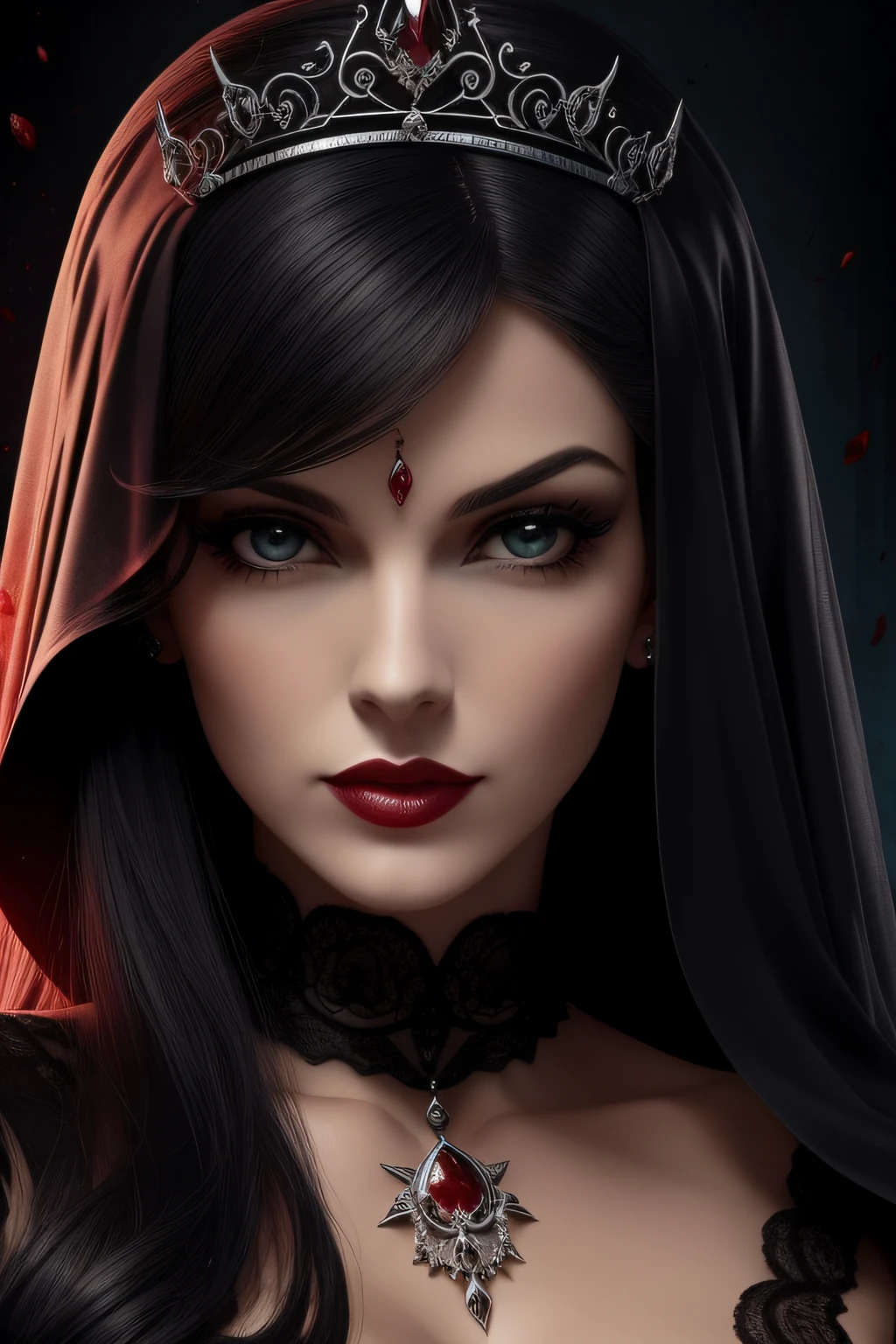 alta qualidade, a succubos, warm ilumination, cabelos longos lisos com pontas onduladas, cabelos vermelho sangue, com uma tiara de princesa com rubys, foco facial, rosto perfeito, sobre a luz do luar, rodeada de pessoas agonizando de dor, rainha, queen, gotica, vampira, sangue, inferno, gore