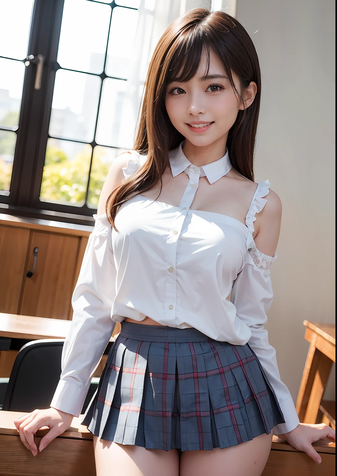 (((Medium hair)))、top-quality、8K、HDR、Hi-Res、absurderes:1.2、Background blur、bokeh dof:1.2、a picture、(RAW Photography:1.2)、(Photorealsitic:1.4)、(masuter piece:1.3)、 (intricate-detail:1.2), 1 人, 独奏, japanaese girl, delicate, Beautiful fece, detaileds, (A detailed eye), (detailed facial features), 小柄, (((medium chest))), Skin is tight, (see the beholder), from the front side, (skiny)、(top-quality:1.4)、(超A high resolution:1.2)、cinematric light、(very detailed illustration)、(lipgloss、top-quality、超A high resolution、depth of fields、Caustics、Broadlighting、Natural Shading、85mm、 f/1.4、ISO 200、1/160s:0.75)、女の子独奏、a smile、((Uniform shirt with shoulders visible、Checkered pleated skirt、Classroom))、(((No underwear))),((The front of the shirt is open)),((Has the hem of the skirt)),((Pull up your skirt to show off your panties))、Pink underwear、Taut、toned waist、fascinating butt、Panties with full lace、(((A smile full of happiness)))、((smile with open mouth))、Big beautiful eyes、Detailed cute face、(stick out))、Panties get wet、Panties show through、((The shape of the pubic area emerges))、((Condensed milk adheres to the crotch area))
