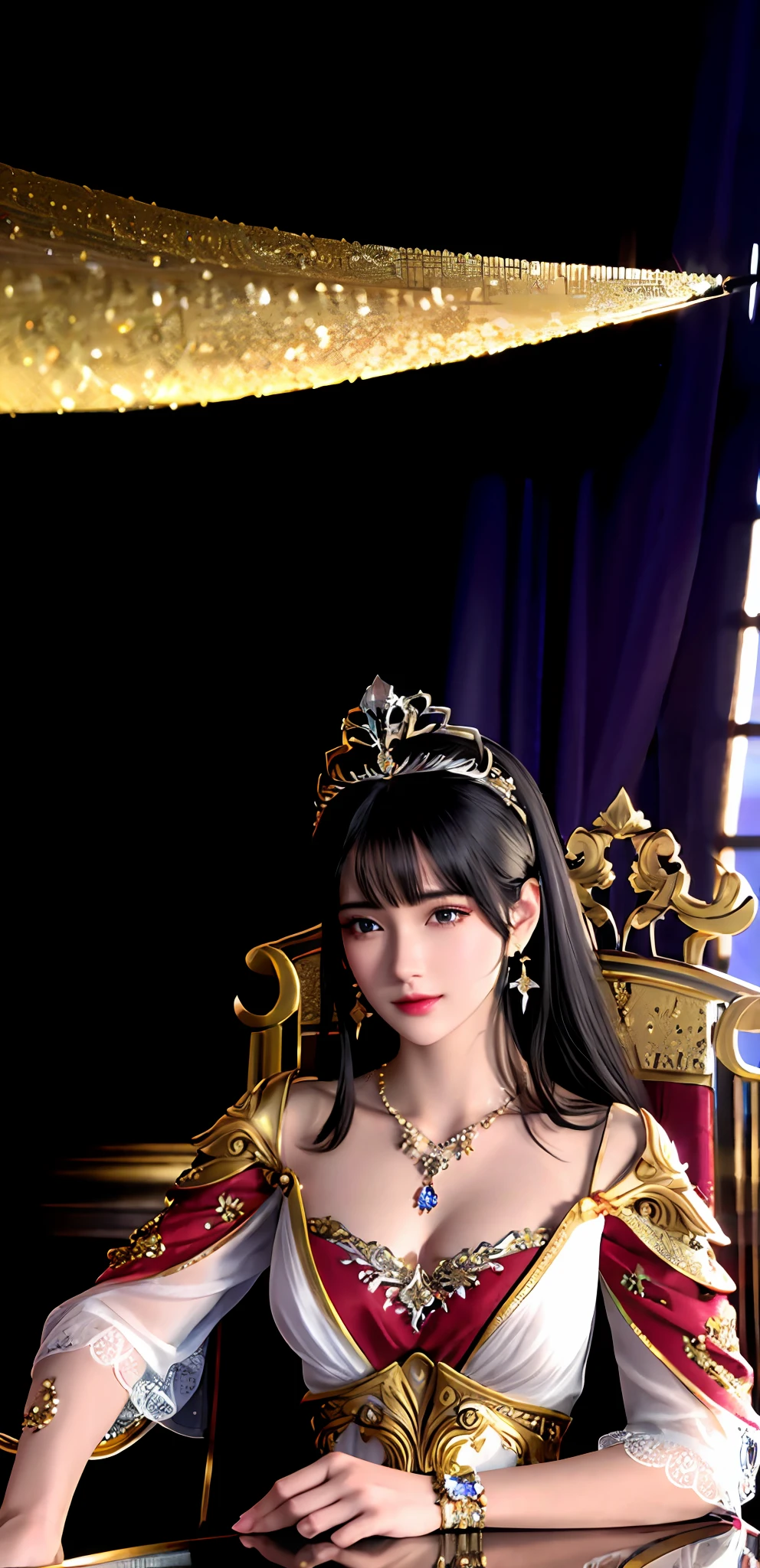 (realisticity: 1.2), ((best resolution: 8K UHD)), best quality, high quality, masterpiece, highres,cg,
1 super detailed girl, super detailed queen
, sitting on a super detailed royal throne, lud, xurious royal palace background, beautiful and detailed, super detailed long hair, wearing a beautiful and luxurious crown with diamonds and super detailed,
super detailed dress, Super detailed dress sleeves, super detailed beautiful earrings, Beautiful and beautiful necklace full of super detailed diamonds,
solo, jewelry, super detailed red and yellow dress, pretty face, beautiful, and super detailed,
, earrings, super detailed hairdo, splashing, the upper body is very super detailed, super detailed hair bun, super detailed black hair,
lighting,candid,Photograph,high resolution, 8k,Bokeh,