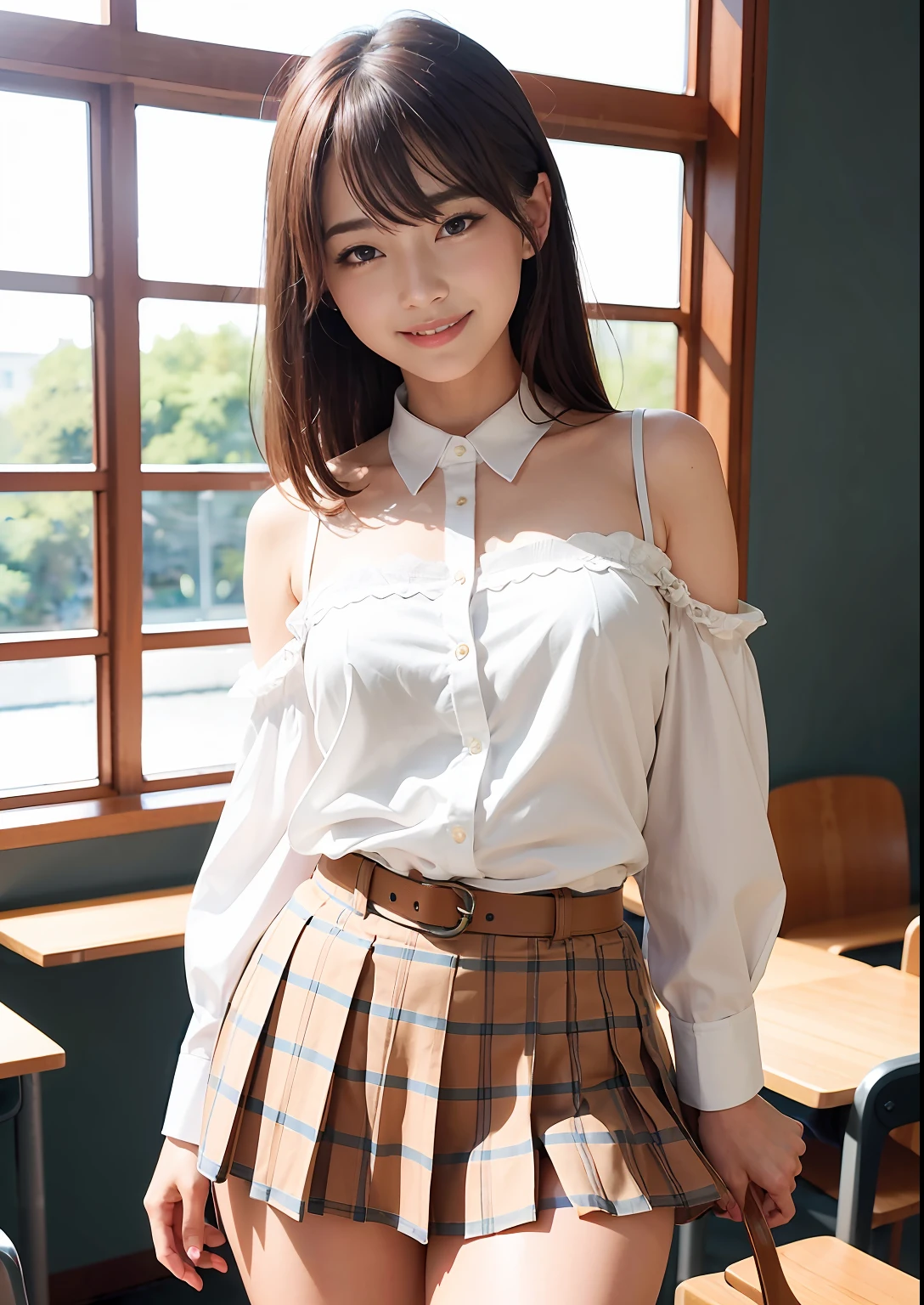 (((Medium hair)))、top-quality、8K、HDR、Hi-Res、absurderes:1.2、Background blur、bokeh dof:1.2、a picture、(RAW Photography:1.2)、(Photorealsitic:1.4)、(masuter piece:1.3)、 (intricate-detail:1.2), 女の子 1 人, 独奏, japanaese girl, delicate, Beautiful fece, detaileds, (A detailed eye), (detailed facial features), 小柄, (((medium chest))), Skin is tight, (see the beholder), from the front side, (skiny)、(top-quality:1.4)、(超A high resolution:1.2)、cinematric light、(very detailed illustration)、(lipgloss、top-quality、超A high resolution、depth of fields、Caustics、Broadlighting、Natural Shading、85mm、 f/1.4、ISO 200、1/160s:0.75)、女の子1人、独奏、a smile、((Uniform shirt with shoulders visible、Checkered pleated skirt、Classroom))、(((No underwear))),((The front of the shirt is open)),((Has the hem of the skirt)),((Pull up your skirt to show off your panties))、Pink underwear、Taut、toned waist、fascinating butt、Panties with full lace、(((A smile full of happiness)))、((smile with open mouth))、Big beautiful eyes、Detailed cute face、(stick out))、Panties get wet、Panties show through、((The shape of the pubic area emerges))、((Condensed milk adheres to the crotch area))