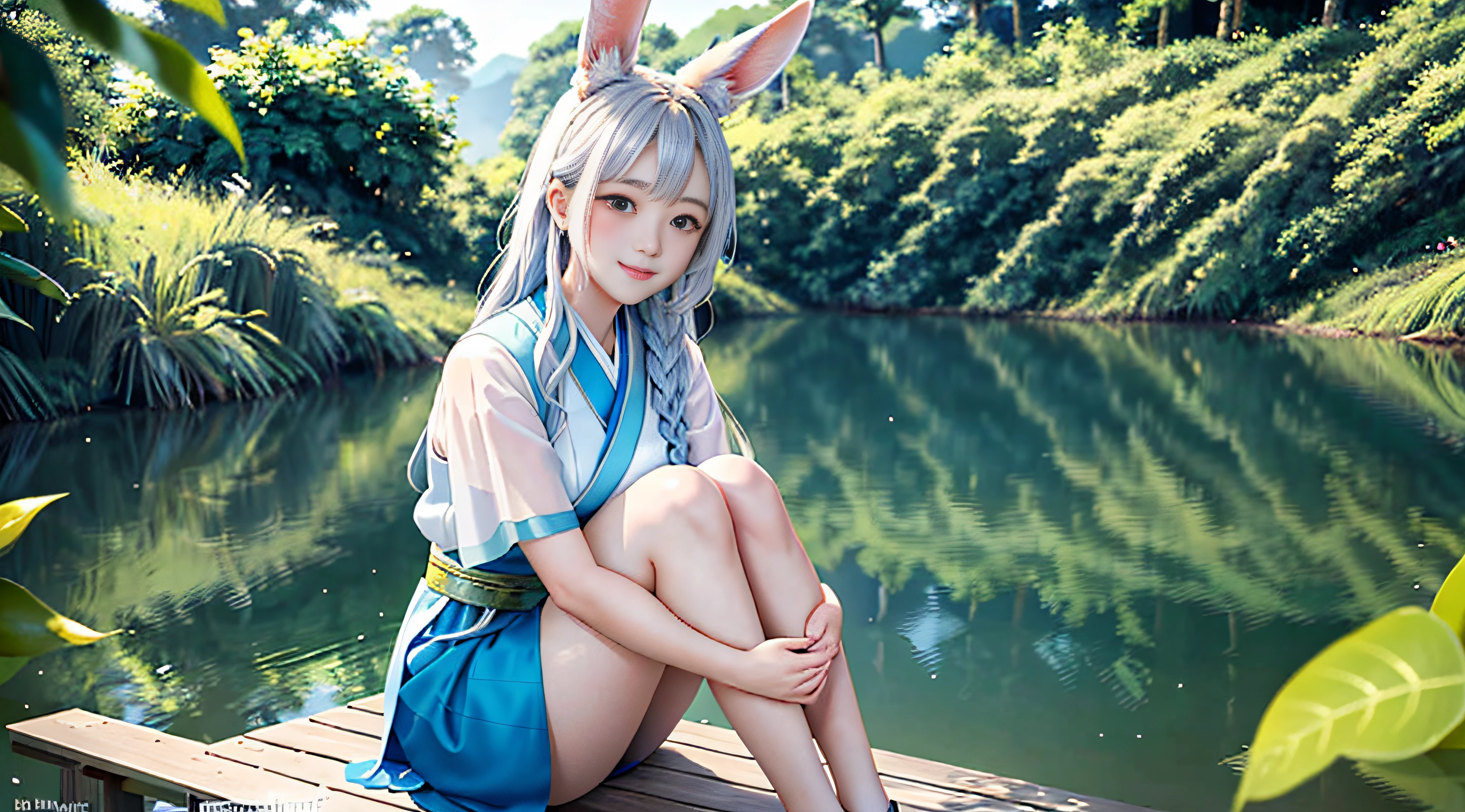 In a blue sky，There are seven rainbows of summer in the bamboo forest under the daytime，and the sun was shining brightly，There is soft natural light, dingdall effect，An intimate portrait of a young girl about eighteen years old，The girl's appearance is thick eyebrows，There are big watery eyes，The girl has long silver hair，Bangs between the eyebrows，Double up braid，The head is worn with ornaments of rabbit ears，She blushed，Sitting alone on a wooden pier in light blue Hanfu，A wooden pier juts out onto the tranquil lake，The girl closed her mouth and smiled at the viewer，Hands resting naturally and easily on your knees，A happy smile on his face。The sun casts a warm glow on the scene，Illuminates the ripples in the water，Cast a soft shadow on the girl's face。Behind her，A dense forest stretches into the distance，The green bushes contrast with the pale blue sky above。Despite the tranquility of the surroundings，But there was a clear sense of joy in the girl。