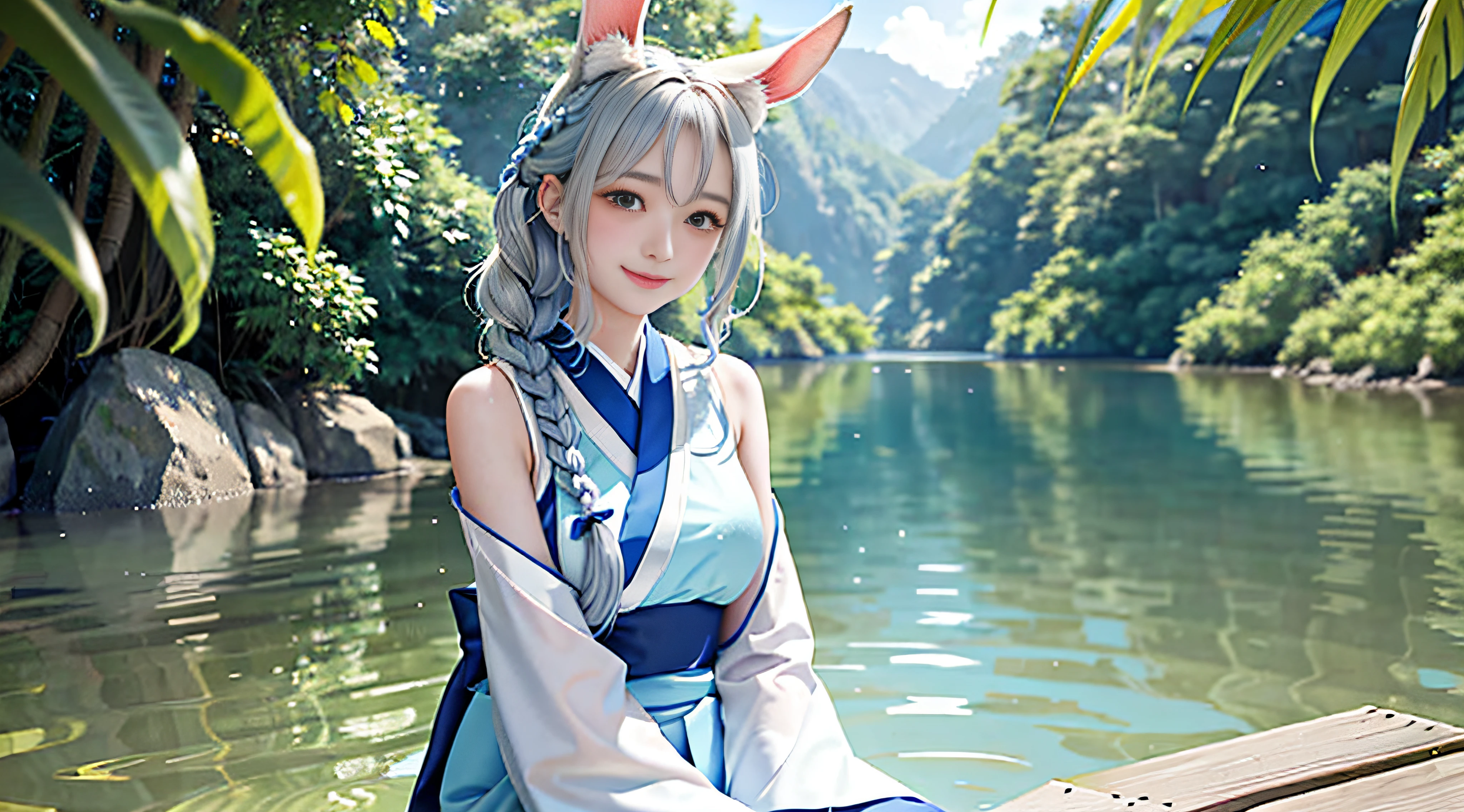 In a blue sky，There are seven rainbows of summer in the bamboo forest under the daytime，and the sun was shining brightly，There is soft natural light, dingdall effect，An intimate portrait of a young girl about eighteen years old，The girl's appearance is thick eyebrows，There are big watery eyes，The girl has long silver hair，Bangs between the eyebrows，Double up braid，The head is worn with ornaments of rabbit ears，She blushed，Sitting alone on a wooden pier in light blue Hanfu，A wooden pier juts out onto the tranquil lake，The girl closed her mouth and smiled at the viewer，Hands resting naturally and easily on your knees，A happy smile on his face。The sun casts a warm glow on the scene，Illuminates the ripples in the water，Cast a soft shadow on the girl's face。Behind her，A dense forest stretches into the distance，The green bushes contrast with the pale blue sky above。Despite the tranquility of the surroundings，But there was a clear sense of joy in the girl。