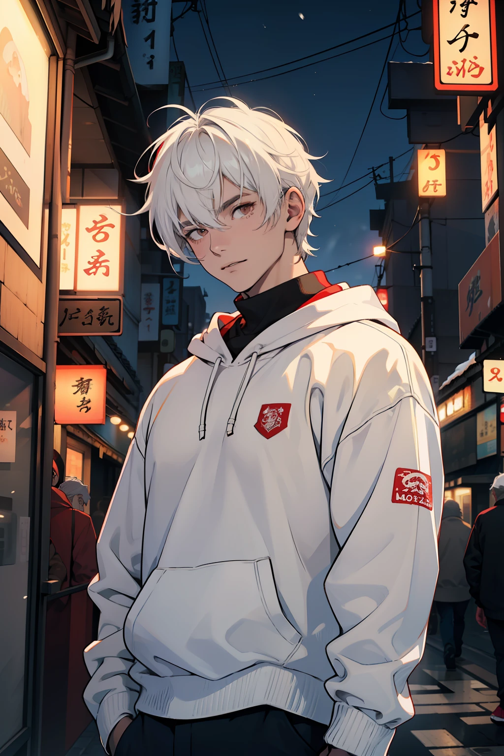 ((melhor qualidade)), ((obra-prima)), (altamente detalhado:1.3)Young man white hair with cherry red locks messy with bangs wearing a black wool cap and brown eyes, pale young man, Wearing a navy blue wool sweatshirt on a Tokyo street at night filled with neon lights, Snow-filled pale young man with white hair with messy cherry red locks and brown eyes, jovem bonito, Handsome, pale young man