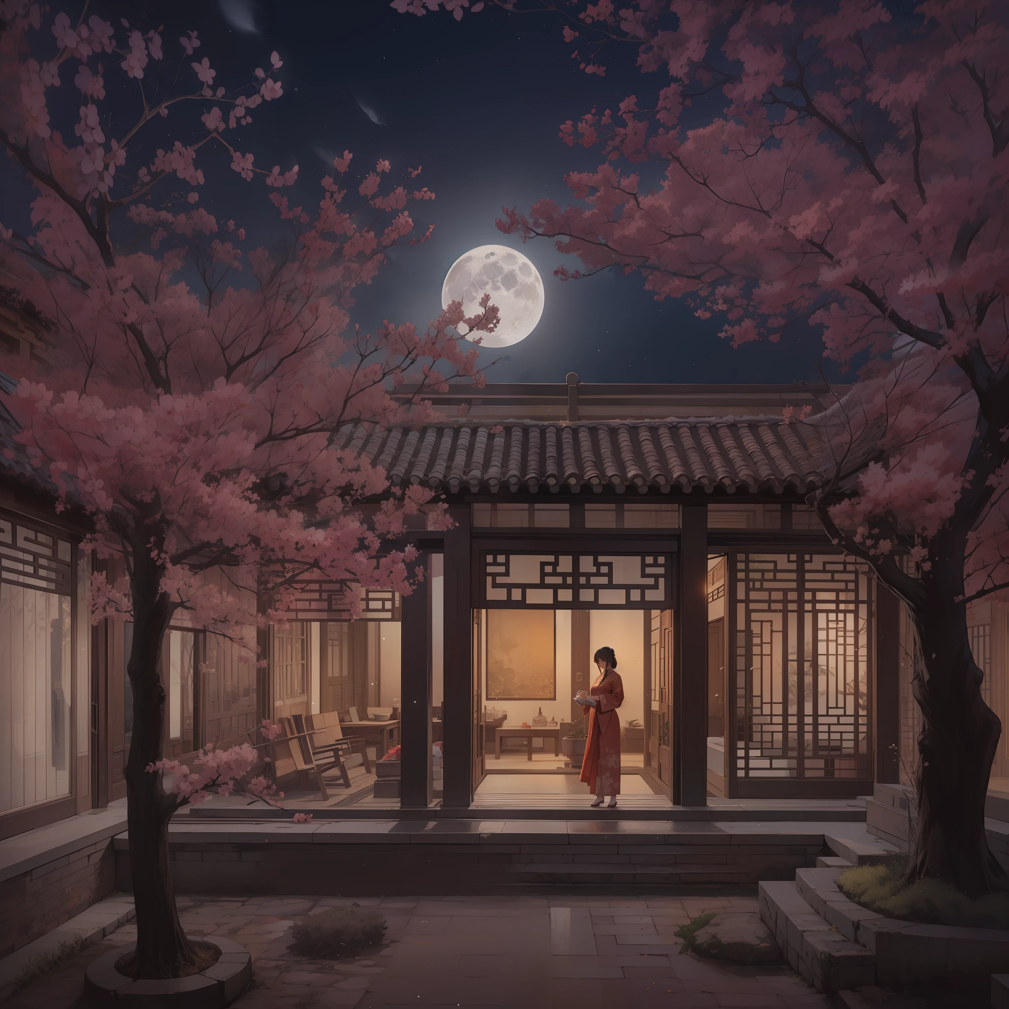 products shot . By the window , moon full，Full Moon West Building，Osmanthus - fragrant - bait ,; Sky outside the window，Full moon , Dashed stars , Osmanthus trees and breeze , the Tang Dynasty , Ancient Chinese courtyard , Telephoto lens , Intermediate view ,  Woman HD ,-- AR 3:4--Q2