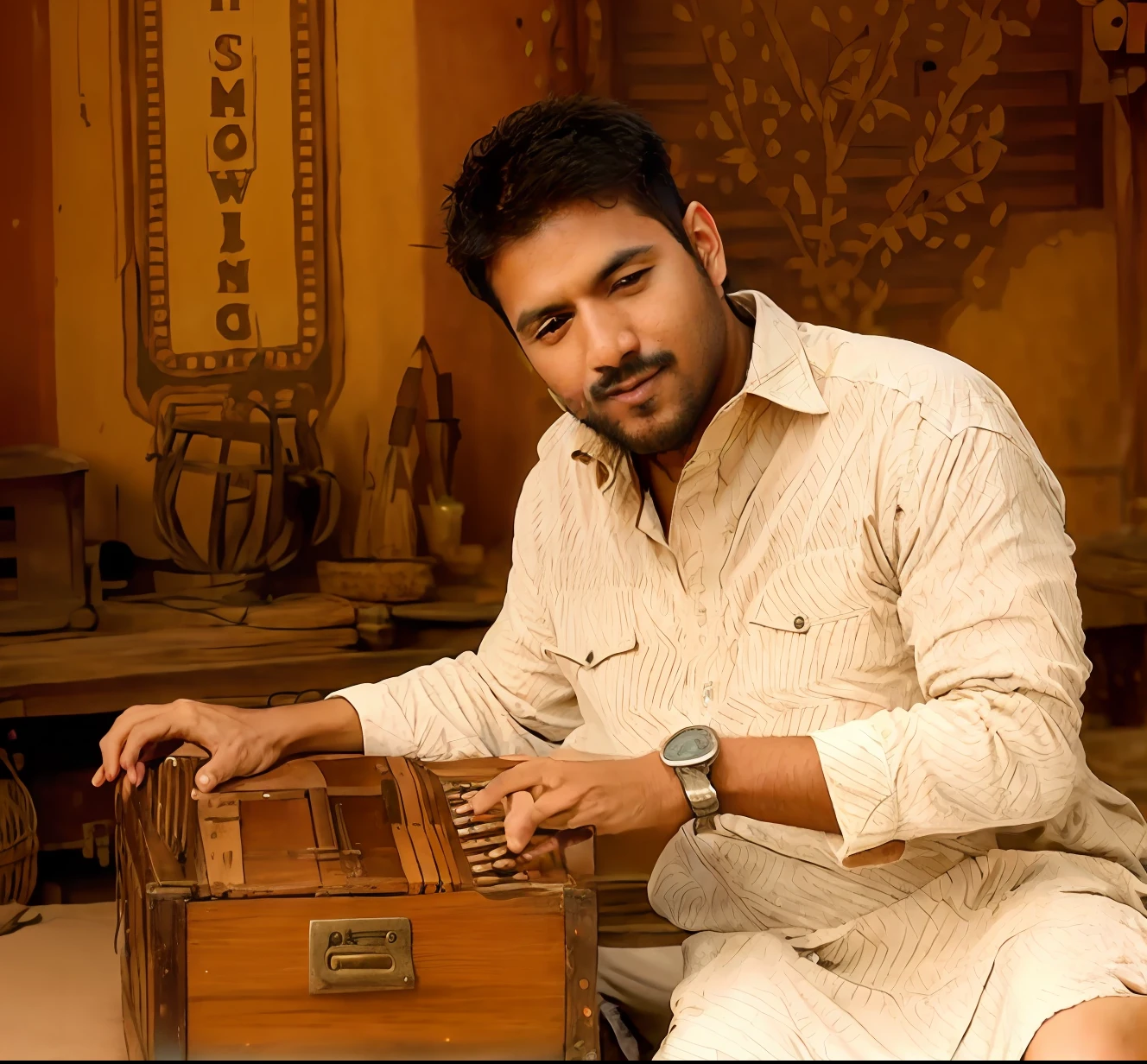 Realistic! Face change background 4k quality pic indian man playing harmonium