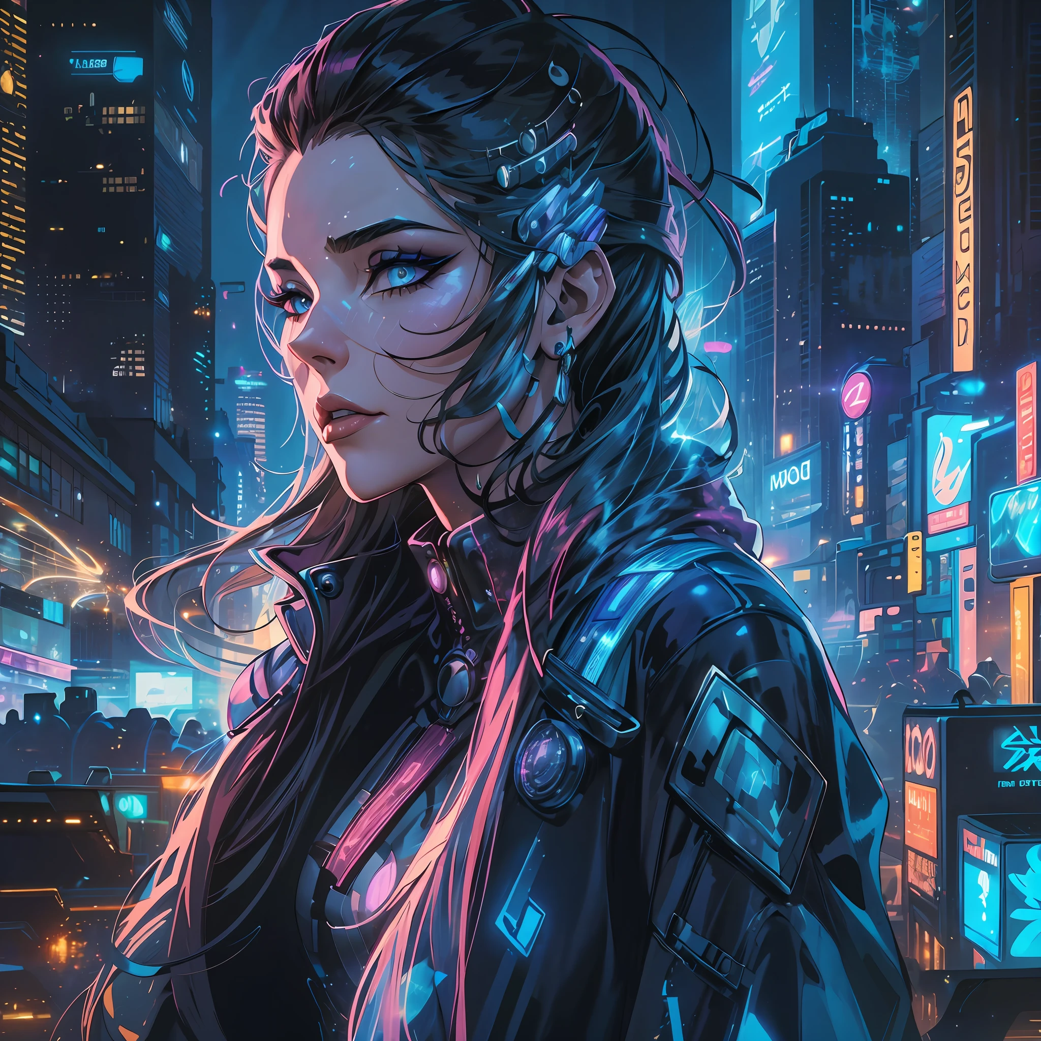 In this futuristic masterpiece, a woman of age 30 exudes an alluring and confident aura as a Futuristic Femme Fatale. The setting is a high-tech, cyberpunk-inspired world that seamlessly blends sleek modernity with a touch of dystopian edge.
Dressed in a stunning futuristic fashion ensemble, the woman is a visual marvel. Her attire is a symphony of textures and materials, blending metallic accents, holographic fabrics, and glowing LED patterns. Each detail is meticulously crafted, creating a sense of awe-inspiring artistry that draws the viewer in.
With an air of confidence, the woman stands amidst the urban sprawl of the cyberpunk city. Neon lights cast a vibrant glow on her features, illuminating her perfectly styled hair and enhancing the electric blue streaks that run through it. Her makeup is equally avant-garde, with holographic elements that catch the light and mesmerize the onlooker.
The Femme Fatale's gaze is intense and captivating, hinting at a world of secrets and intrigue beneath her enigmatic exterior. Her posture exudes confidence, a reflection of her command over the high-tech world she inhabits.
The cyberpunk setting comes alive with awesome detail. Holographic billboards and neon signs illuminate the streets, while hovering vehicles and drones add to the futuristic atmosphere. The architecture is a mix of sleek skyscrapers and gritty back alleys, painting a vivid picture of a world where technology and humanity collide.
Every inch of this image is a testament to the artist's skill, with awesome detail permeating every aspect. The reflection of the high-tech city in the woman's sharp shades, the intricate patterns of her clothing, and the reflections of neon lights on her metallic accessories all contribute to the overall stunning effect.
masterpiece captures the essence of the Futuristic Femme Fatale, presenting a woman of undeniable allure and power in a world where technology reigns supreme. The fusion of confidence, cutting-edge fashiion
