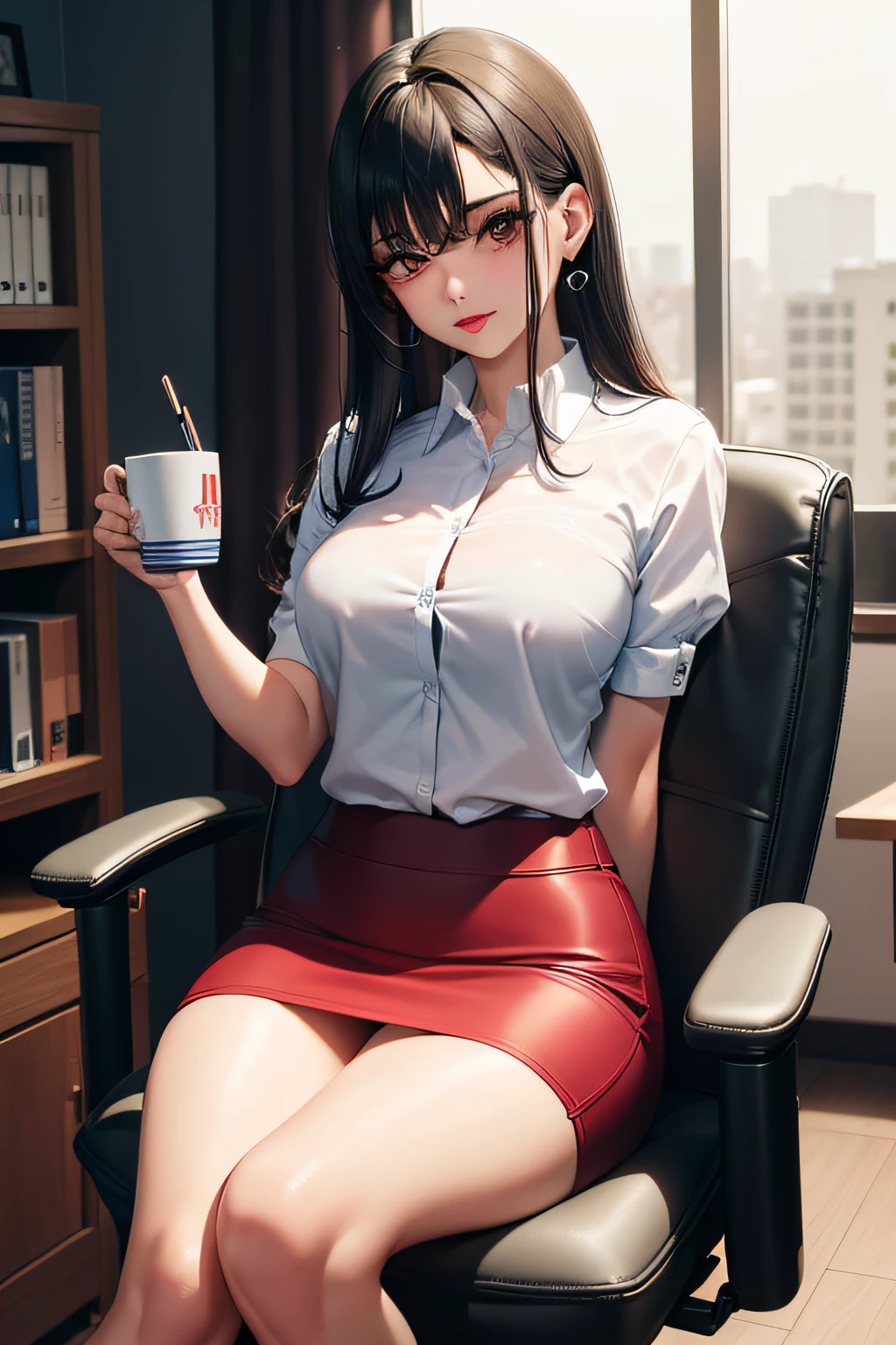 (obra-prima, melhor qualidade: 1.2), 1girl, solo, sentado, office chair, escrivaninha, computador, coffee mug, cabelo curto, large lips, franja, cabelo loiro, olhos castanhos, grandes, camisa azul, pencil skirt, brincos, toupeira sob o olho, maquiagem, batom, red-lips, pernas cruzadas, inclinando-se,