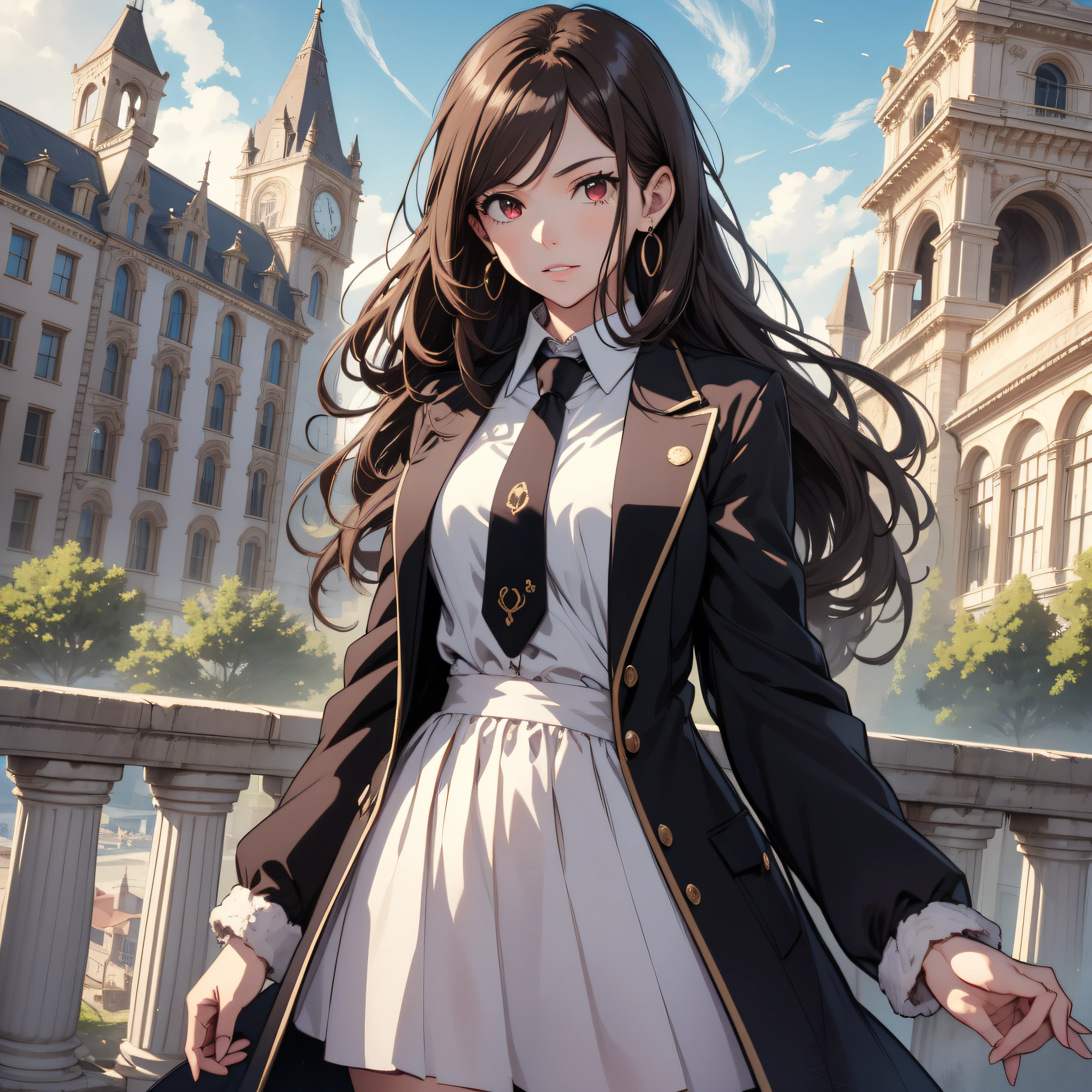 (best quality, masterpiece, ultra-detailed, extremely detailed, highres), (1girl, single, solo), Anime girl, brown hair, long raven hair, slightly wavy hair, parted bangs, Magus, red eyes, diamond earrings, long black coat, necktie, white shirt, black skirt, aristocrat, noble attire, beautiful, ethereal, elegant, prestigious, classic, royal building, natural lips, magic school