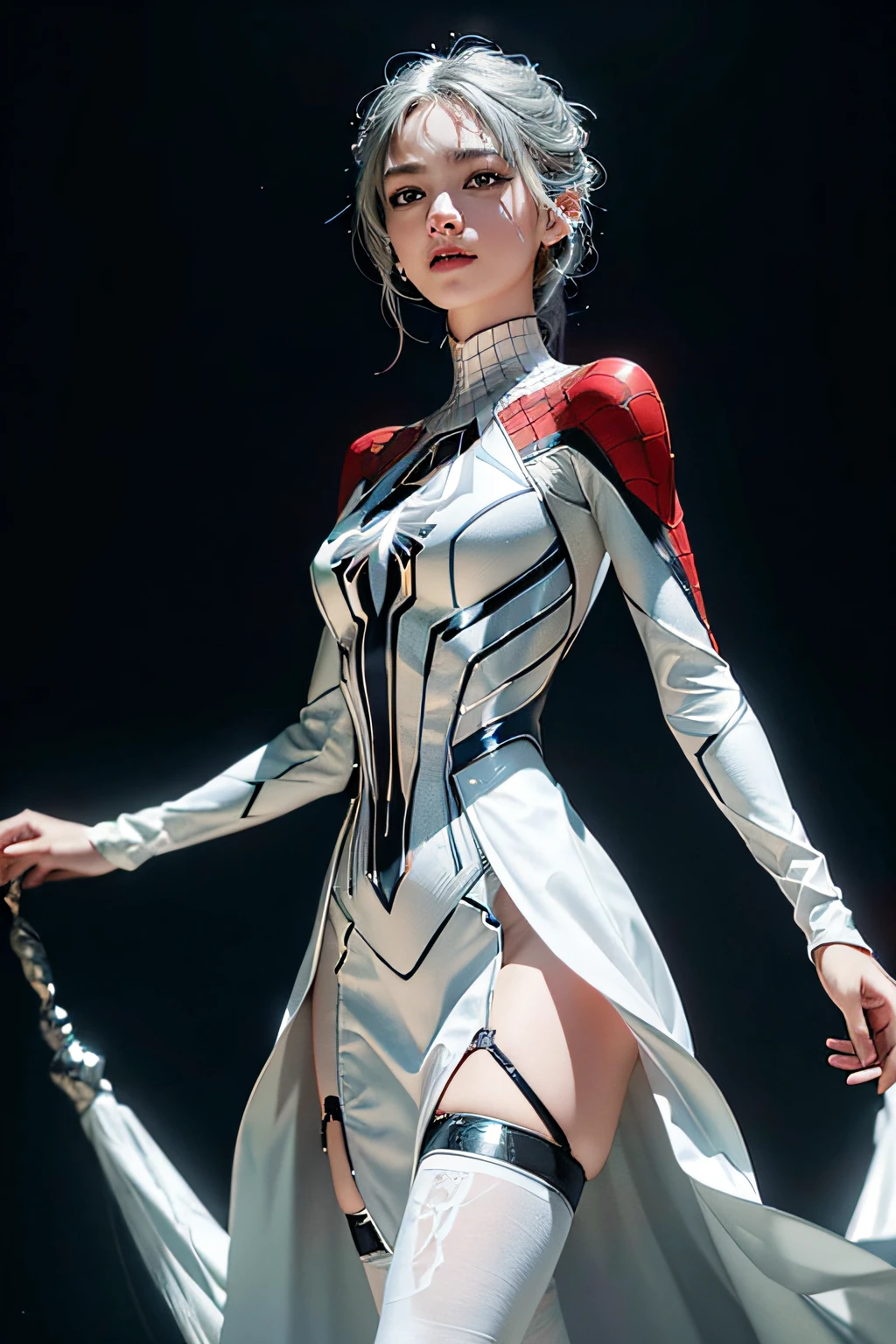 (Extreme Detail CG Unity 8K Wallpapers,tmasterpiece,Highest image quality),full-body portraits(Delicate light and shadow,The picture is highly dramatic,Cinematic lens effect),A girl in a short white Spider-Man dress,Silver-gray hair color,From parallel universes,Marvel,Spidey,Stand in an empty dance studio,dynamicposes),(Exceptional detail,The lighting effect is outstanding,Vista wide angle),(Excellent rendering,Enough to stand out from the crowd),The focus is on the white Spider-Man dress,Complex spider textures
