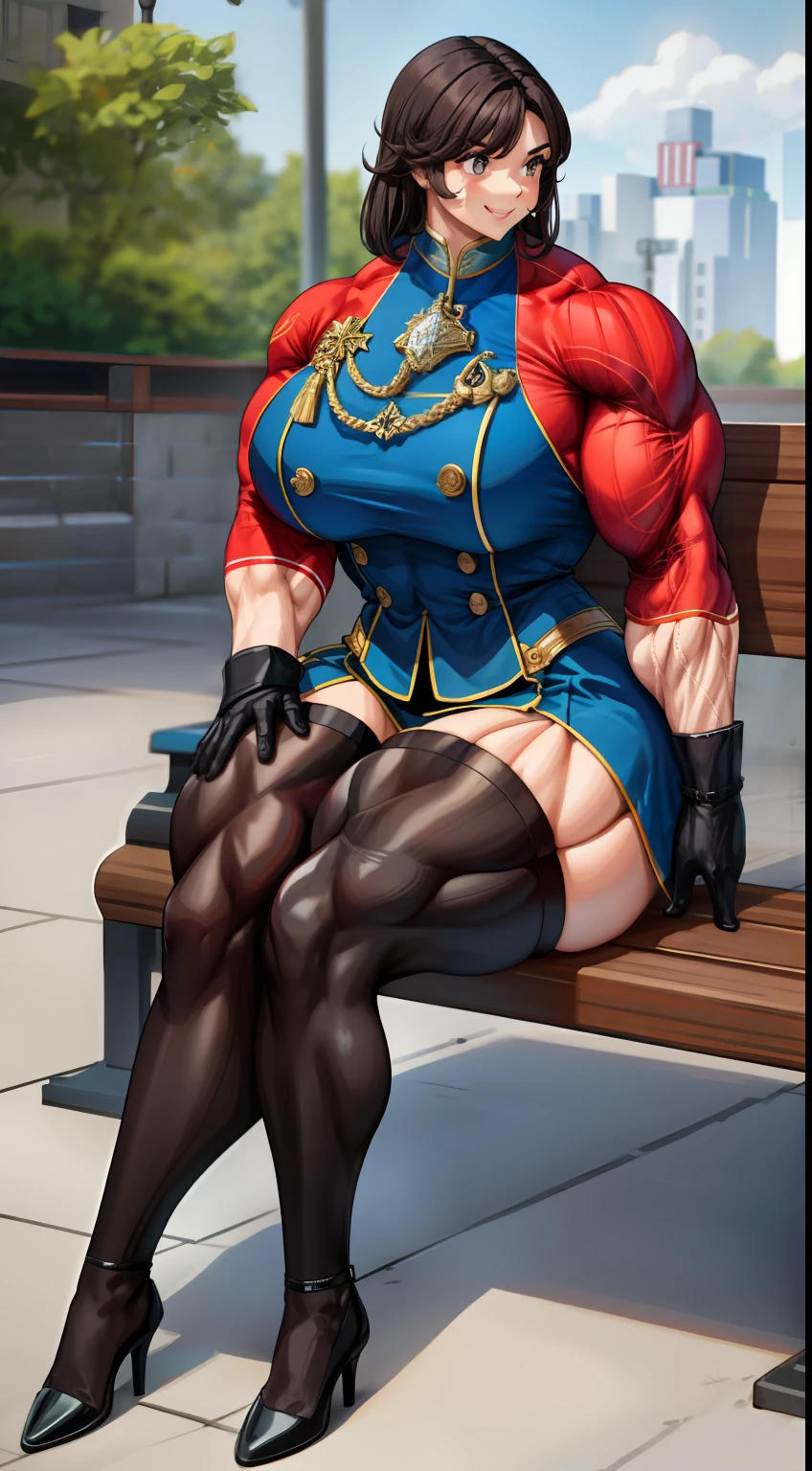 tmasterpiece,Best quality at best,Full body like,Burly woman,Sit on the bench,Exaggerated large muscles,Jailer uniform,short glove,blackstockings,Pointed-toe heels,Mature and charming face,Smile Expression, Single female,Thin waist,Very broad shoulders, Strong and powerful arms,Strong and powerful leg muscles,thick calf,long leges,Prison background