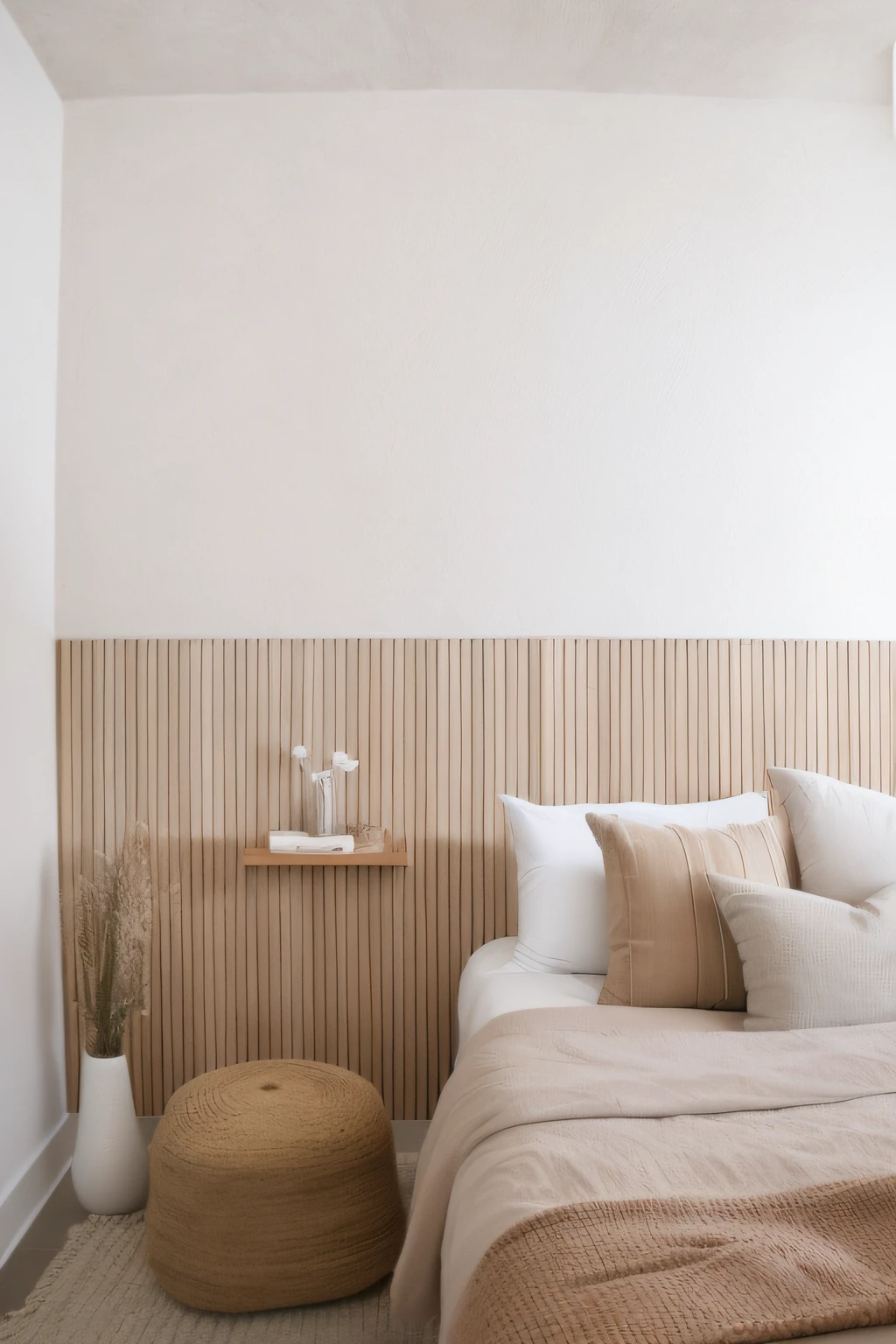 There is a bed with a wooden headboard and a white vase, detalhes em madeira, Terra Neutra Moderna, ambiente sereno do quarto, areia - paredes coloridas, minimalista e bonito, Estilo sereno e tranquilo, tons terrosos sutis, com madeira detalhada, Diy, cores suaves com minimalismo, linhas limpas simples, Jovana Rikalo, detalhes sutis, PAREDE ], Quarto pequeno