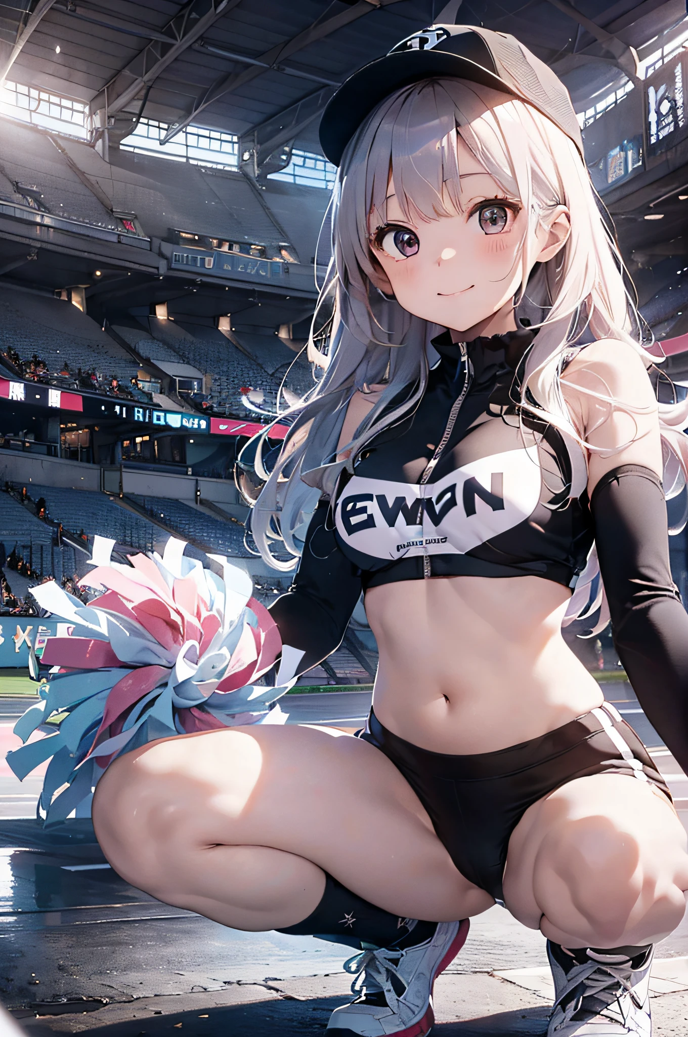 Cheerleader posing for support with big pom-poms、(stadio)、(tiny chest:1.4)、Raw photography, top-quality, hight resolution, (​masterpiece), (Photorealsitic:1.4), professional photograpy, foco nítido, nffsw, 8K分辨率, intricate detailes, depth of fields, the Extremely Detailed CG Unity 8K Wallpapers, front lit, girl with, Smile、(A slender:1.3)、(taken from the under:1.5)、(skinny thigh)、Wear a baseball cap on your head、see -through、Squatting、I see underwear