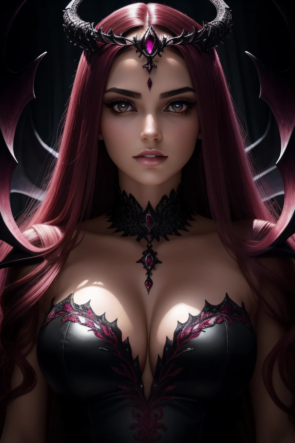 rainha demonio, tiara com rubis, succubus, alta qualidade, tonalidades quentes, cabelos brancos lisos com pontas enroladas, foco facial, rosto perfeito, olhos poderoso