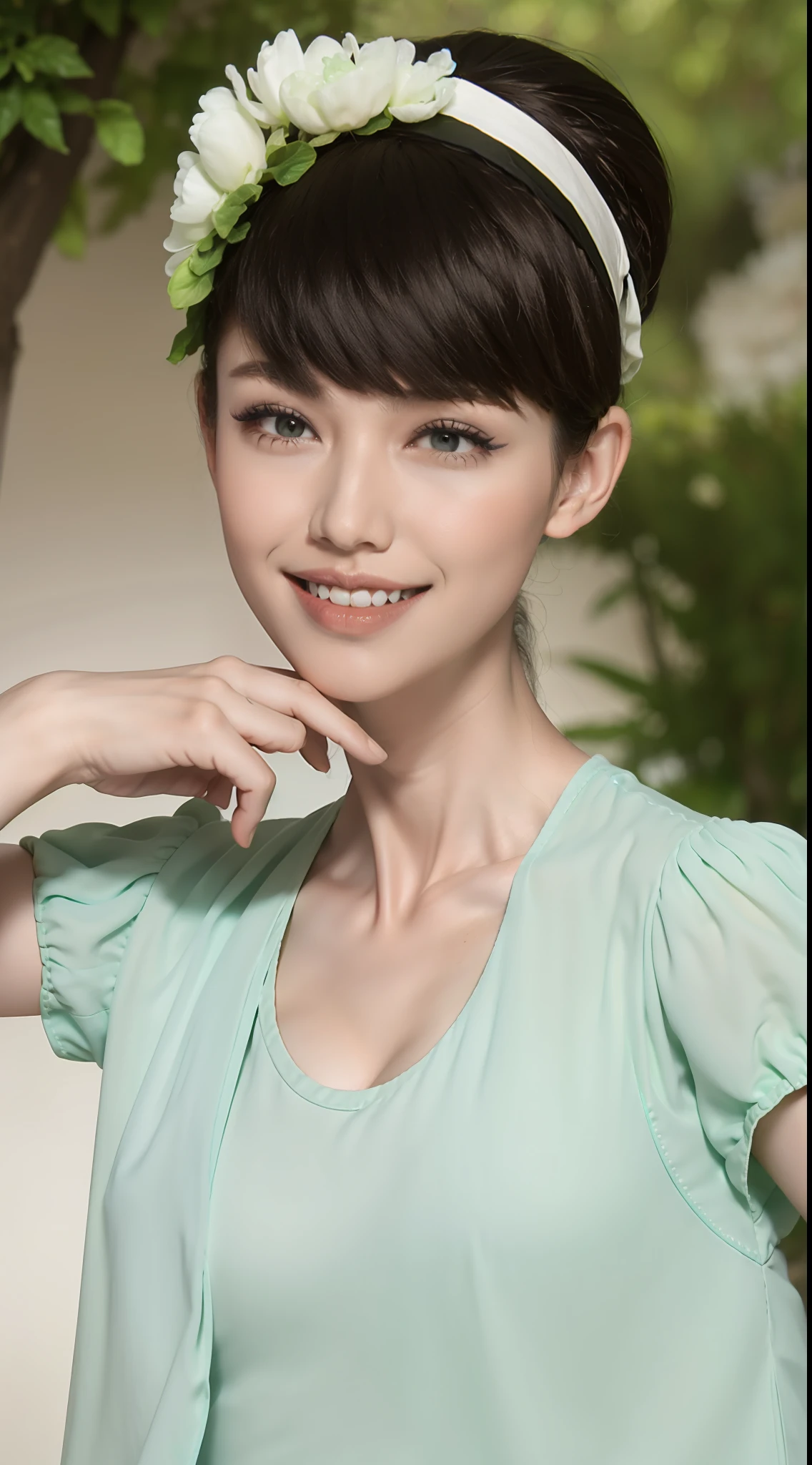 Fashion model 20 years old [[[[closeup cleavage]]]], [[[[boobgasm]]]], [[[[coll]]]], [[[[bshoulders]]]], perfect  eyes, Perfect iris，Perfect lips，perfect teeth，Perfect skin，Long face，slender nose，with fair skin，Soft front light，hdr，Movie girl，white  clothes，Casual，The background is outdoor，green trees，fresh flowers，Tano，grassy fields，（pastel colour：1.2）