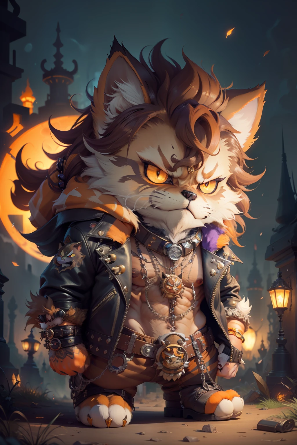 persian cat Anthropomorphic werewolf , steampunk ,, , studded leather jacket with intricate ornamentation orange and purple , pirate steampunk theme,, , highest quality,, very angry face, body fitness, full body, long hair with braids , at night in the cemetery with fireflies