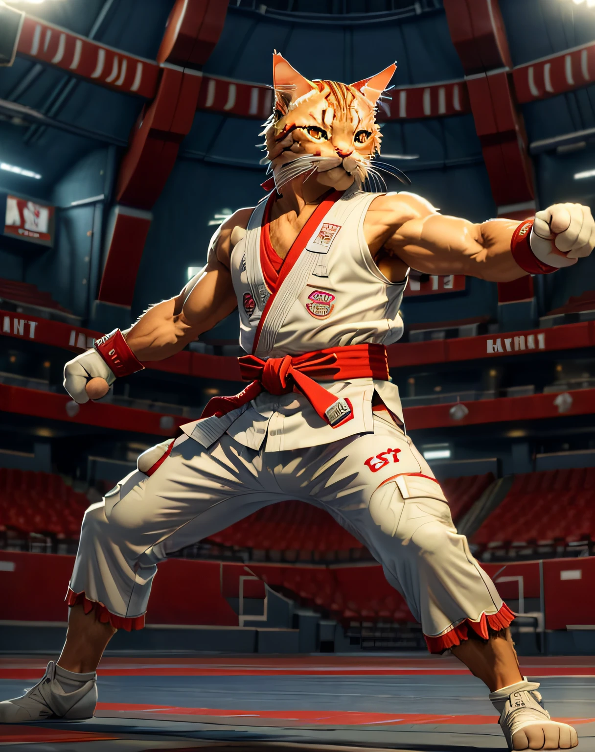 (masterpiece, best quality, beautiful RAW photography:1.4), c4ttitude, wearing white karate outfit, red bandana, focusing energy, street fighter, dynamic pose, dramatic lighting, photorealistic, intricate, highly detailed, (detailed sports arena background:1.1), wallpaper, 8k, trending on artstation