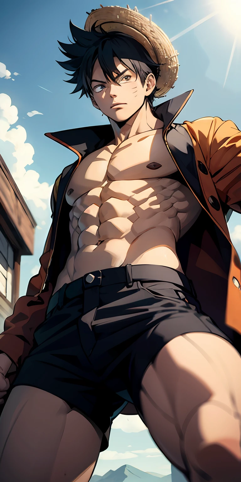 Fusion of luffy and naruto, corpo masculino e forte, com biotipo ectomorfo forte e definido