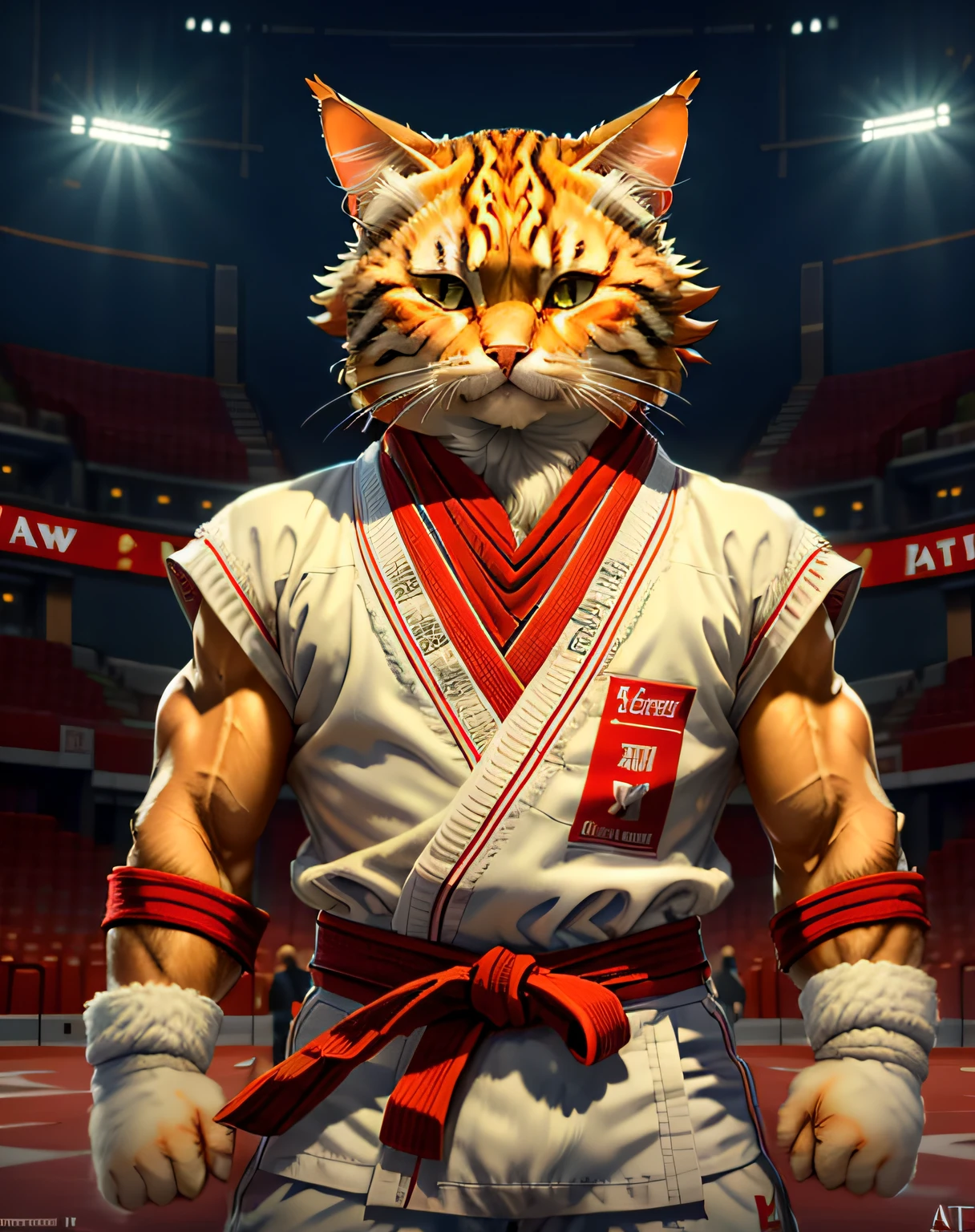 (masterpiece, best quality, beautiful RAW photography:1.4), c4ttitude, wearing white karate outfit, red bandana, focusing energy, street fighter, dynamic pose, dramatic lighting, photorealistic, intricate, highly detailed, (detailed sports arena background:1.1), wallpaper, 8k, trending on artstation