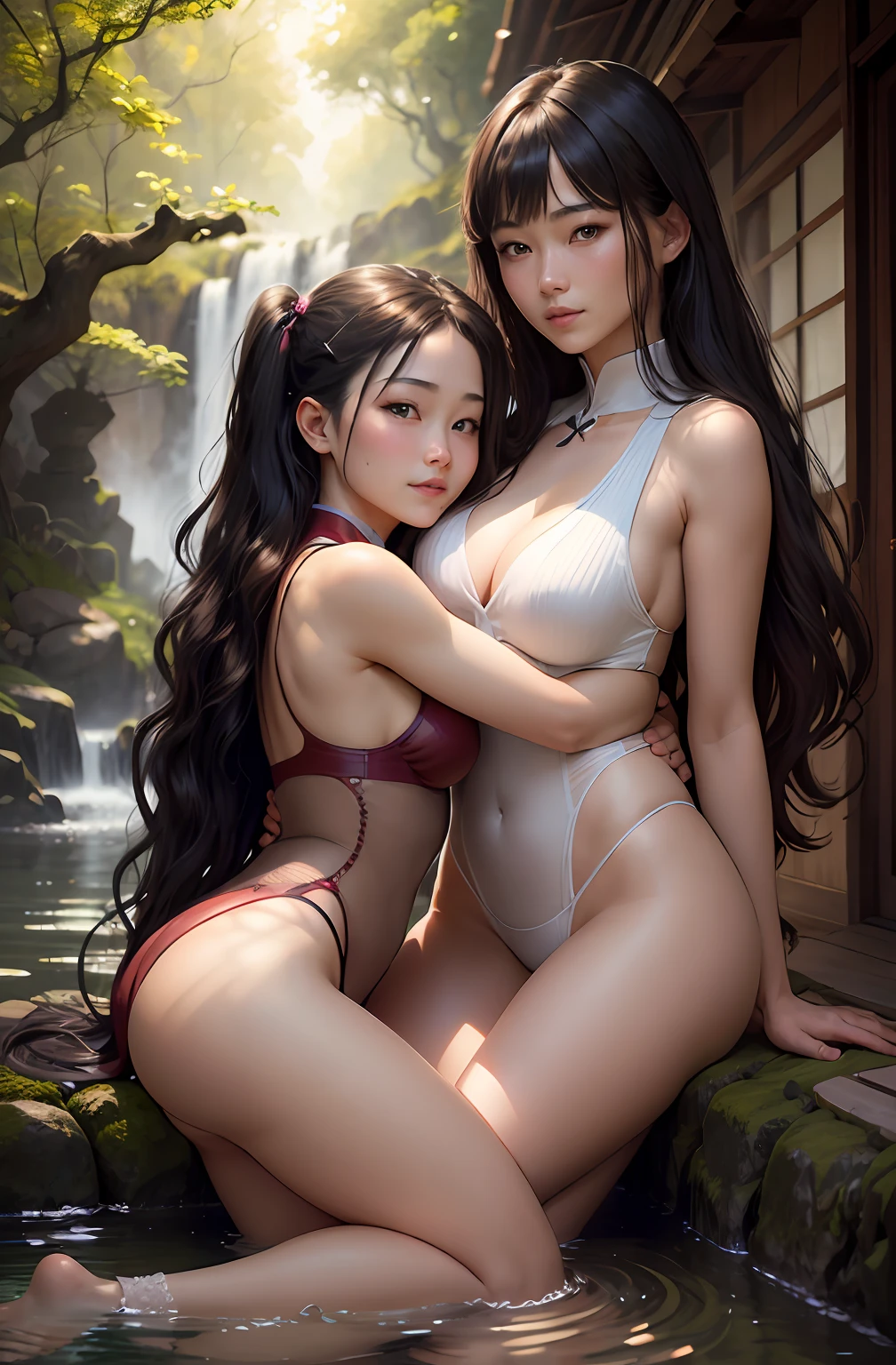 model shoot,(((2girls,duo))),Morning,(early morning),(day:1.8),in summer,Onsen,(Nature:1.9),Postural collar,Fishnet socks,Hugging,full bodyesbian,Very long hair,grin,Dynamic Angle,Dynamic pose,Outdoors,Chinese style architecture,
(RAW photogr:1.2), (Photorealistic:1.4),Ultra-detailed, A high resolution, Extremely detailed,Best quality ,Masterpiece, illustration, An extremely delicate and beautiful, Extremely detailed ,CG ,Unity ,8K wallpaper, Amazing, finedetail, Masterpiece,Best quality, PureErosFace_V1,Urzang-6500-V1 Edition, Edition, Edition.1